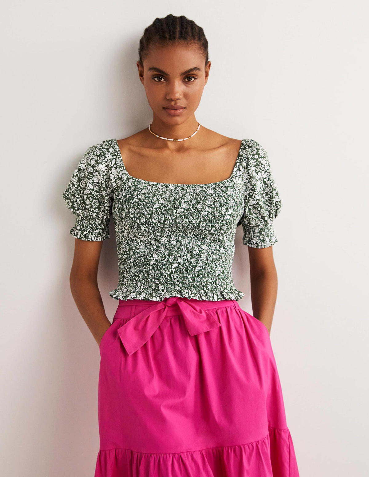 Top smocké en jersey à col carré-Vert chasseur, motif Pretty Paradise-4
