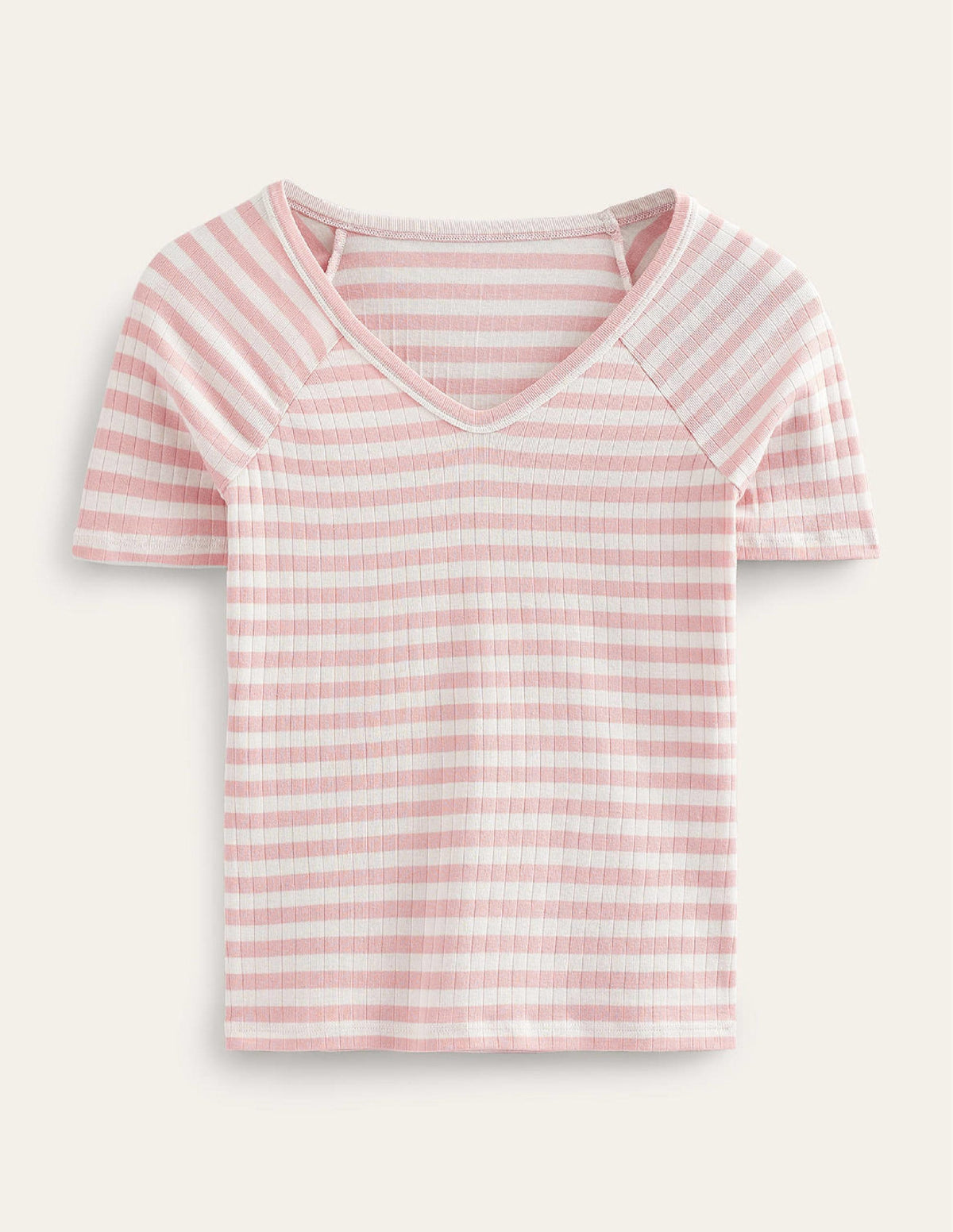 Anna Rib V-Neck T-Shirt-Ivory, Peach Skin Stripe-5