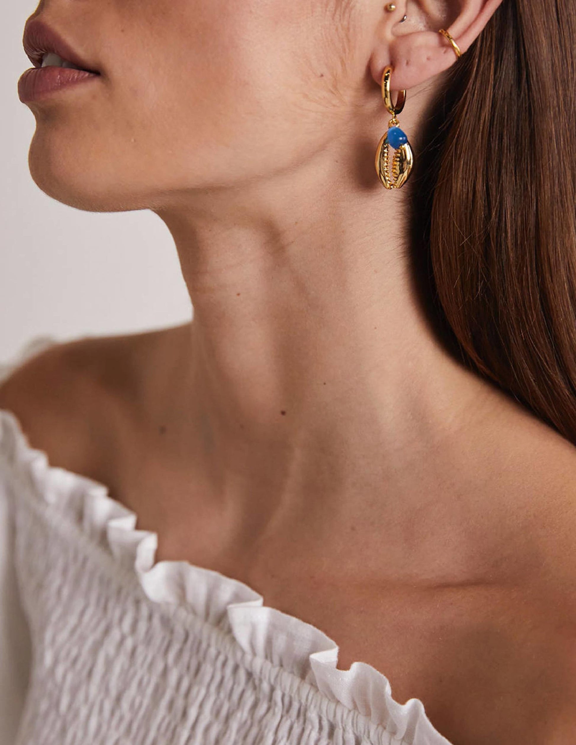 Shell Hoop Earrings-Gold/Blue-1