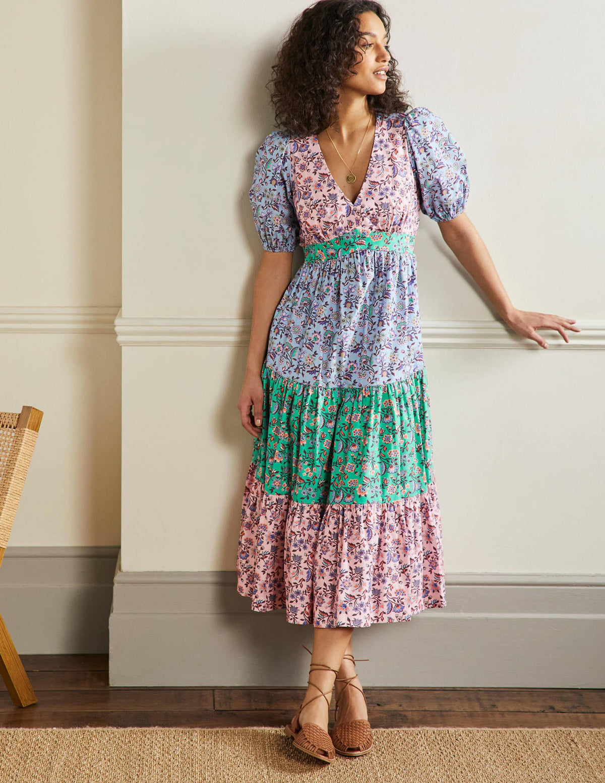 Maxi-Stufenkleid mit Puffärmeln-Kirschblütenrosa, Orientalische Wiese-1