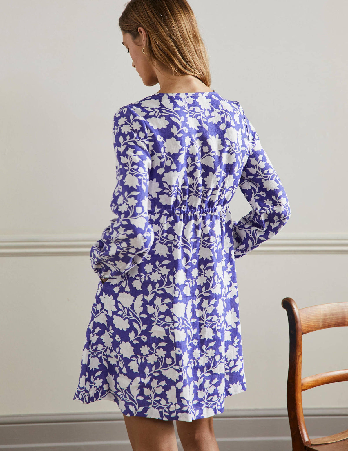 V-Neck Flippy Mini Dress-Bluebell, Botanic Silhouette - Image 3