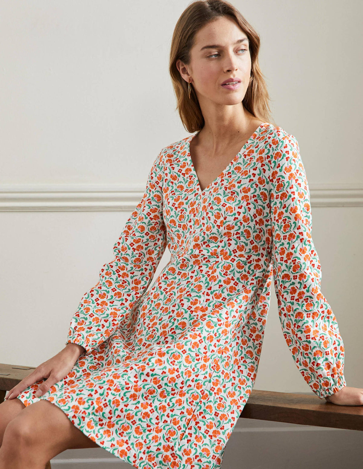 V-Neck Flippy Mini Dress-Bright Papaya, Delicate Bud - Image 4
