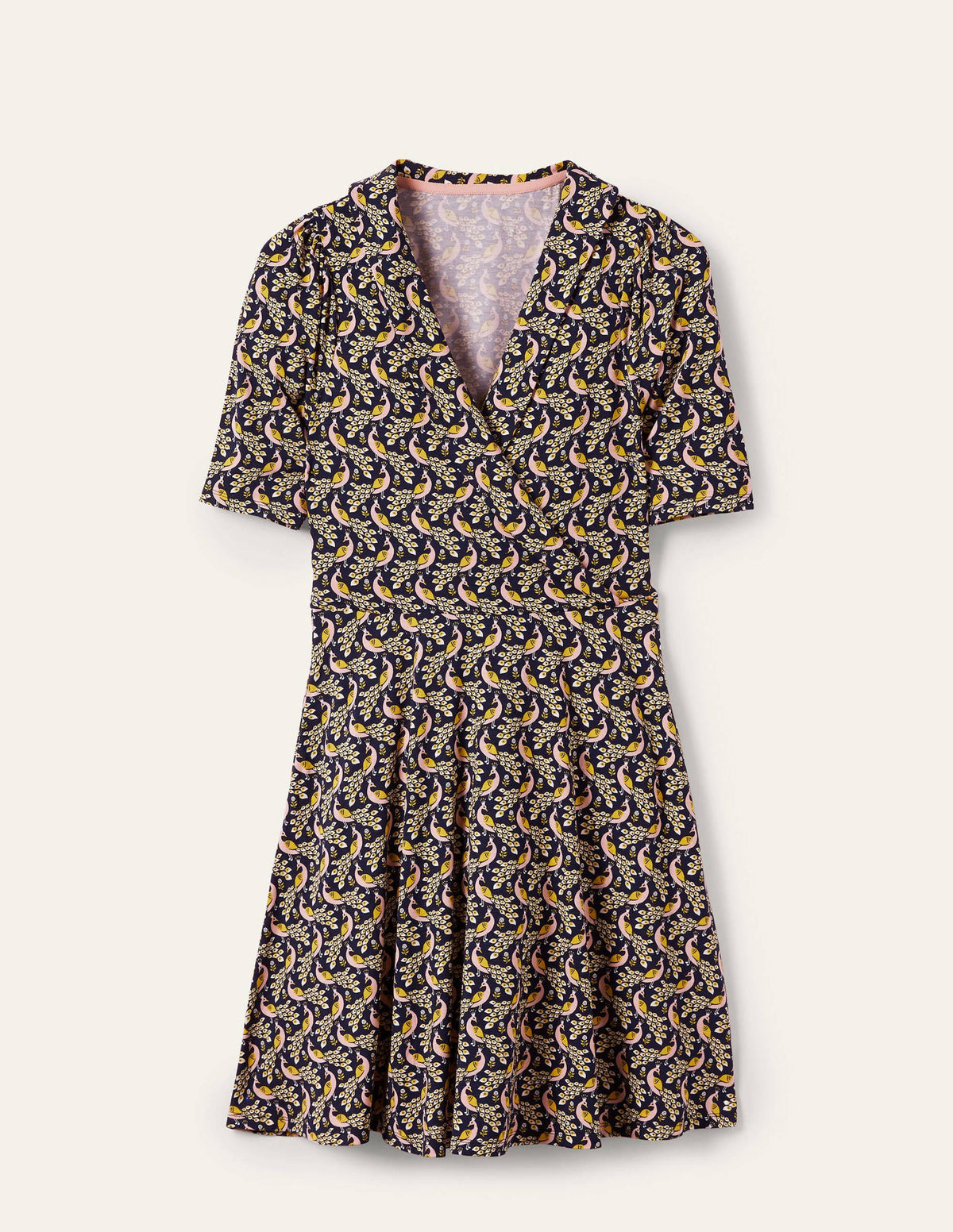Jerseykleid mit fixierter Wickeloptik-Französisches Navy, Pfauenmuster-6