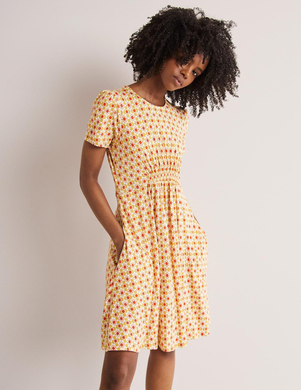 Robe col rond en jersey-Huile d'olive, tuile fleuron-4