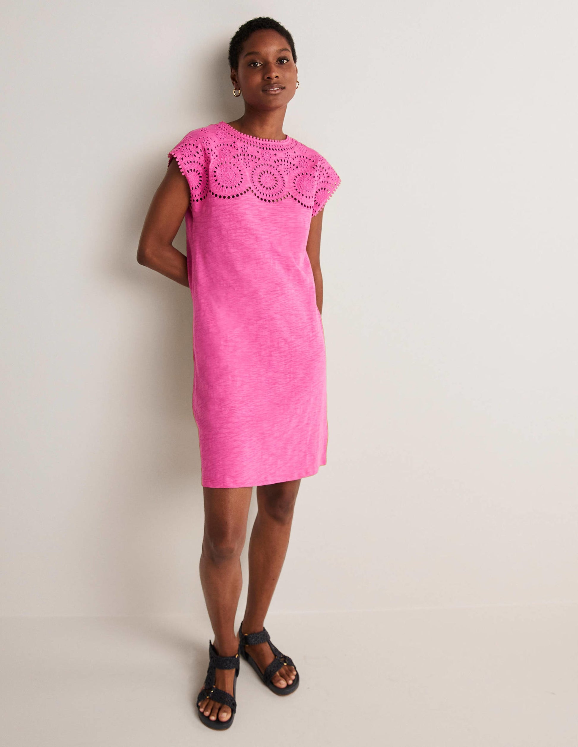 Robe T-shirt ajourée en jersey-Rose pop-4