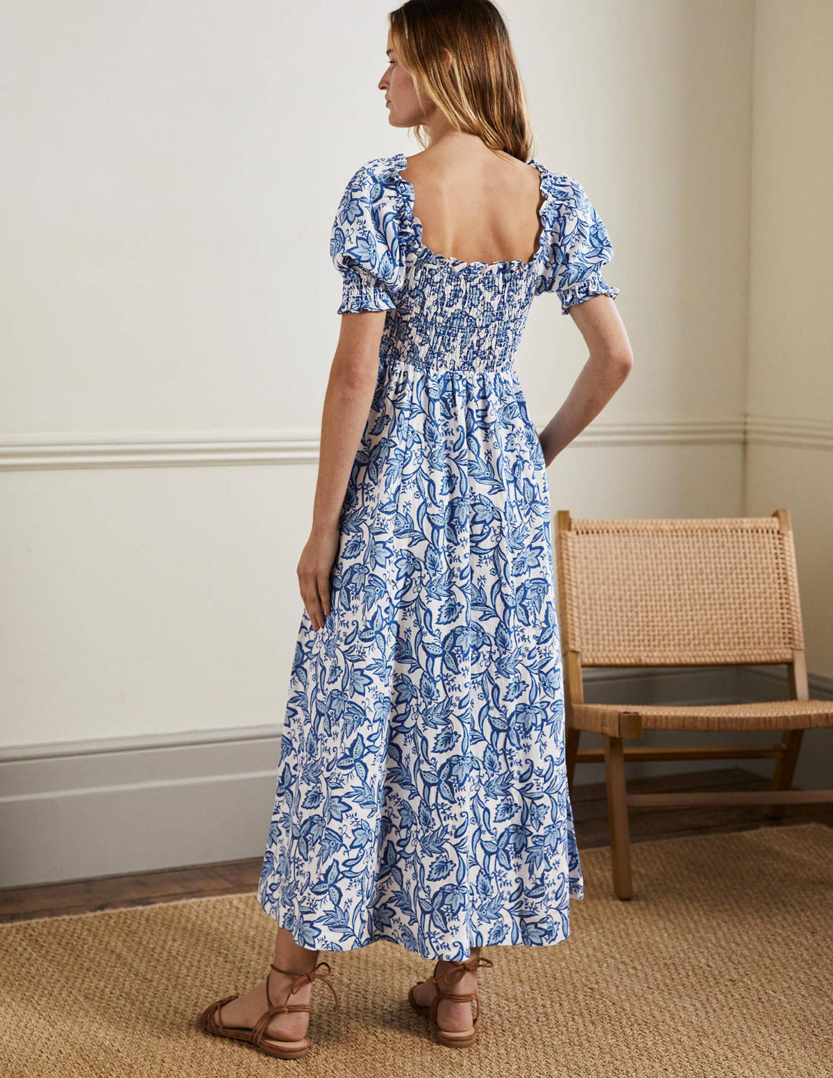 Midikleid mit gesmoktem Oberteil-Graublau, Wildblumen-3