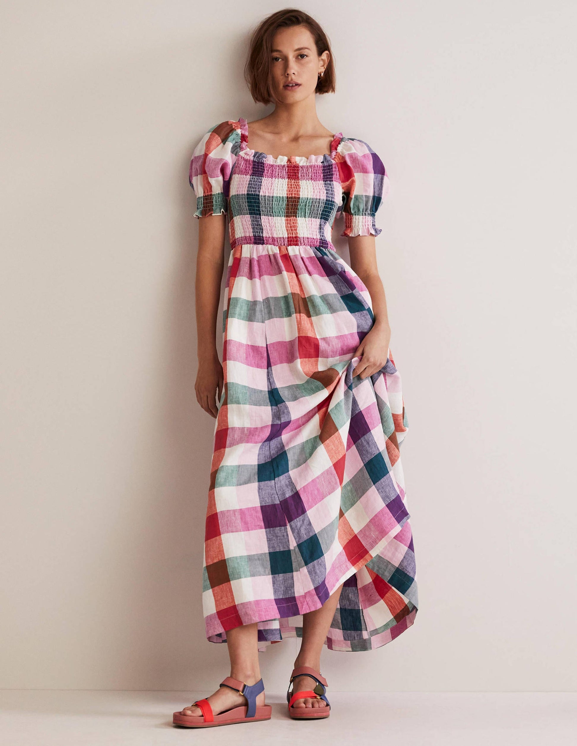 Robe midi avec corsage à smocks-Bonbon et flambé-1