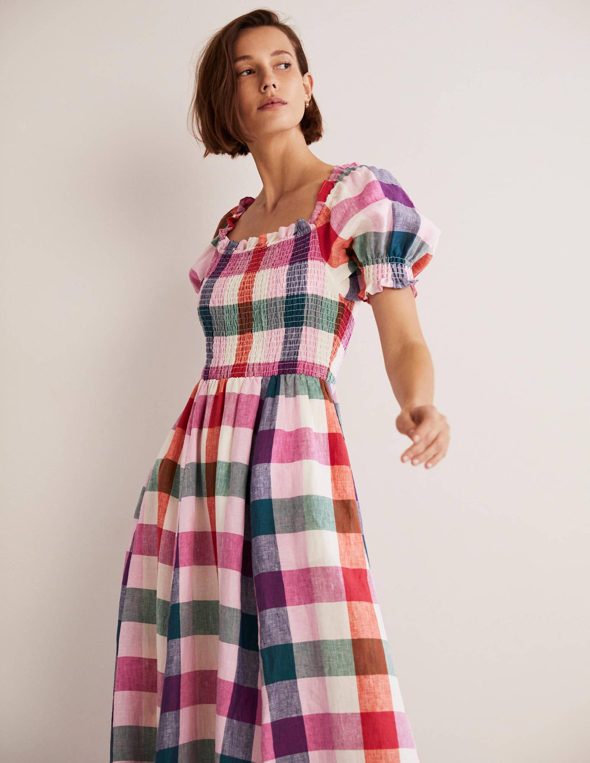 Robe midi avec corsage à smocks-Bonbon et flambé - Image 3