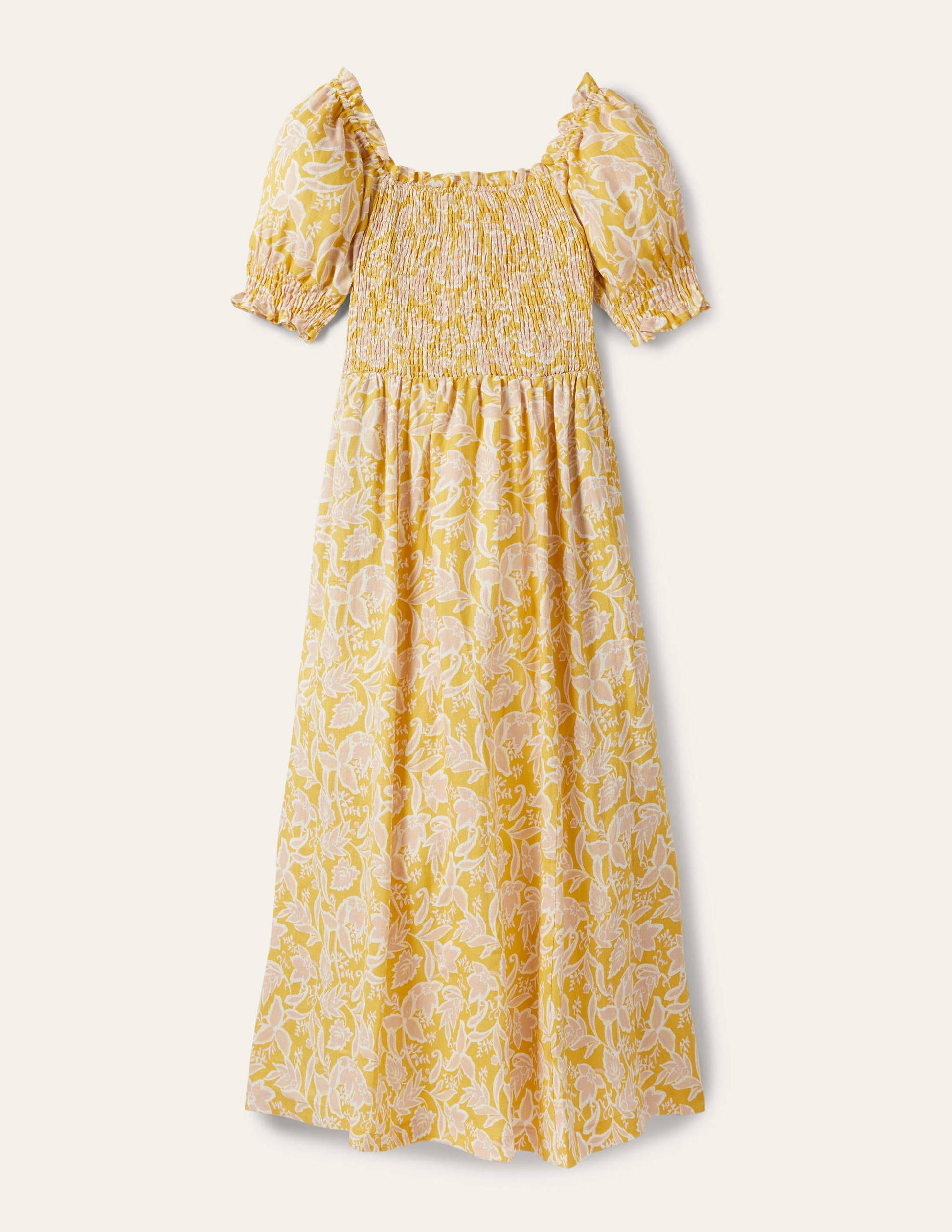 Midikleid mit gesmoktem Oberteil-Buttergelb, Wildblumen-6
