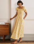 Midikleid mit gesmoktem Oberteil-Buttergelb, Wildblumen