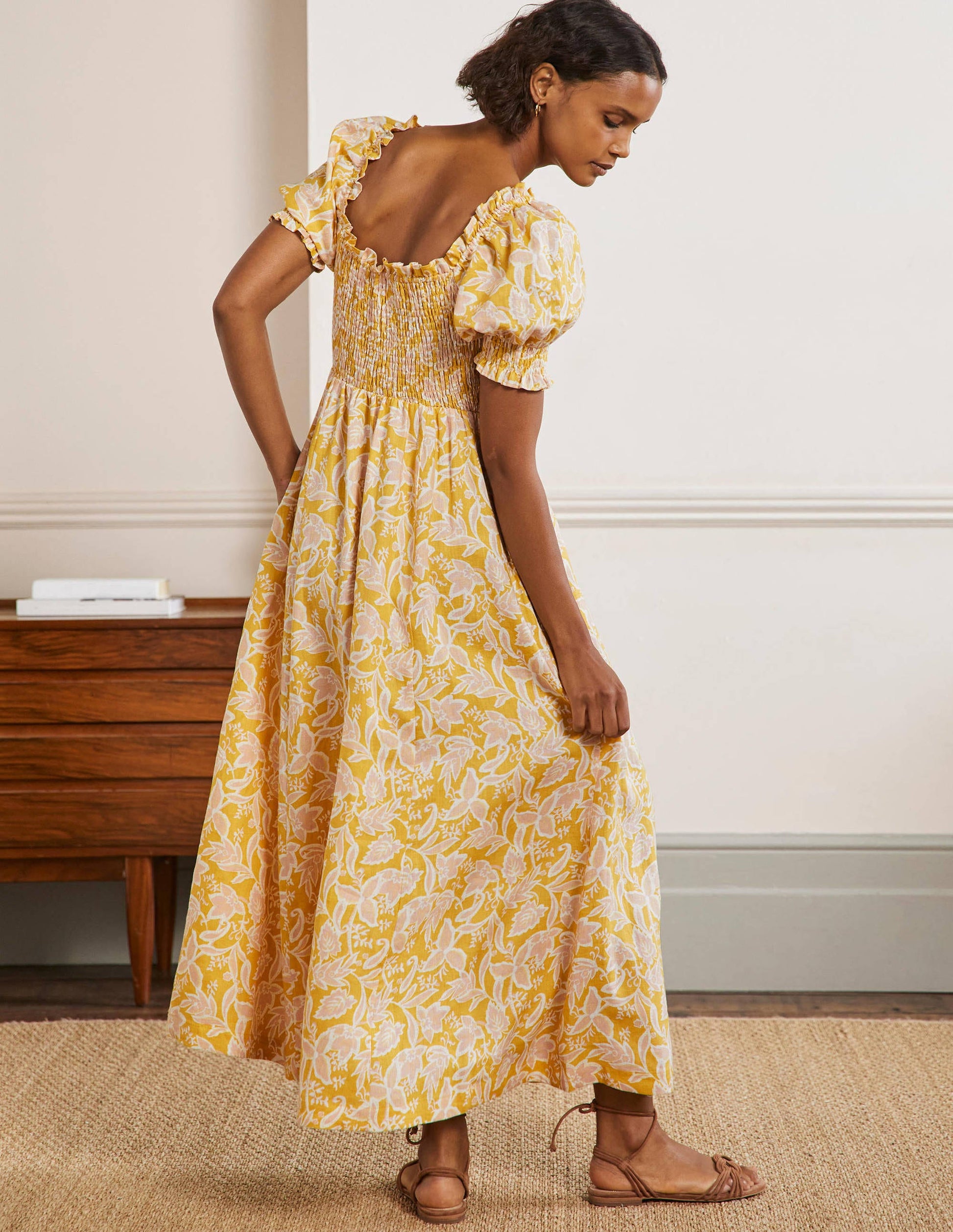 Midikleid mit gesmoktem Oberteil-Buttergelb, Wildblumen-3
