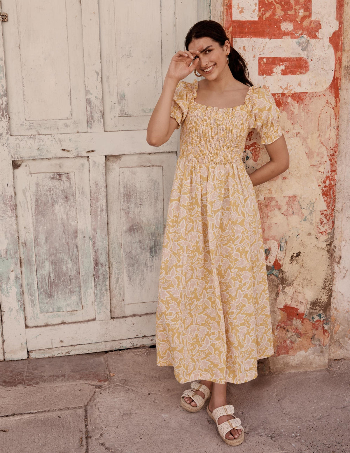 Midikleid mit gesmoktem Oberteil-Buttergelb, Wildblumen-5