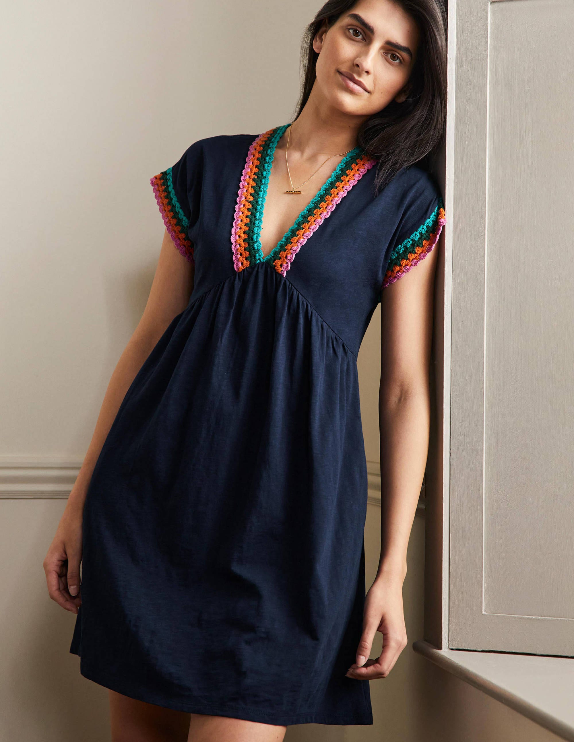 Robe en jersey avec détails crochetés-Bleu marine - Image 1