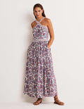 Robe longue dos-nu en jersey-Ivoire, motif Paisley Bud