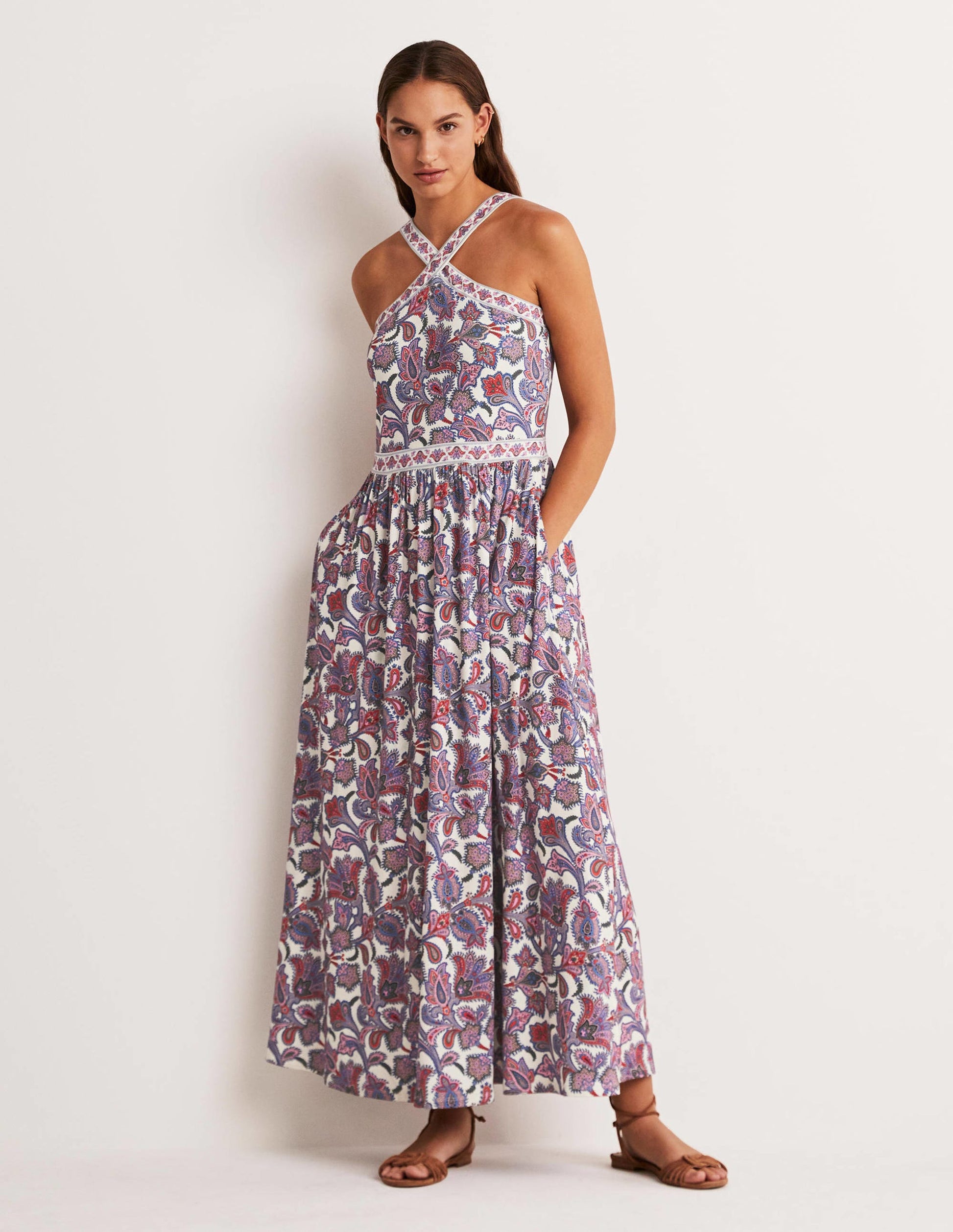 Robe longue dos-nu en jersey-Ivoire, motif Paisley Bud-1