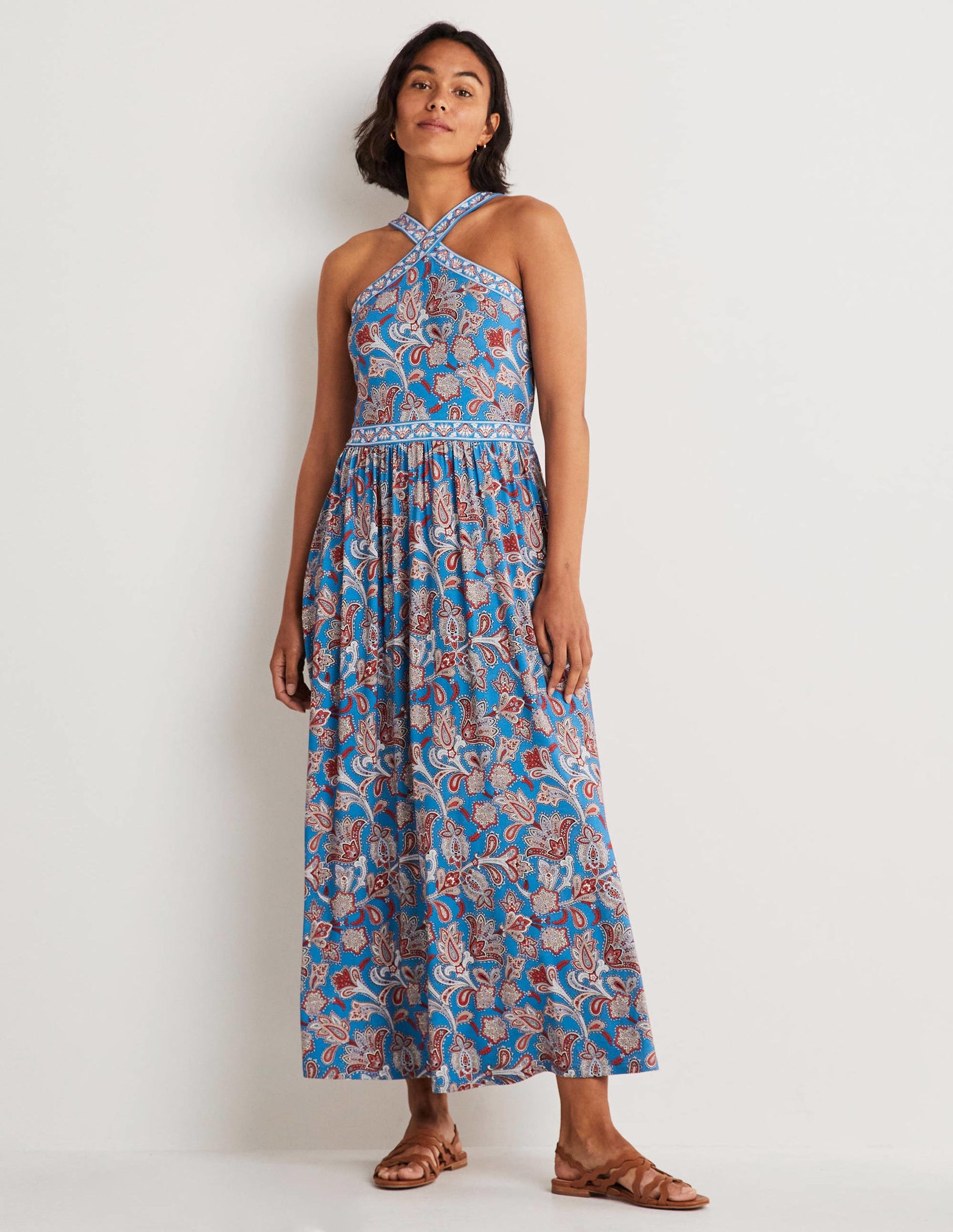 Robe longue dos-nu en jersey-Bleu mosaïque, motif Paisley Bud-1