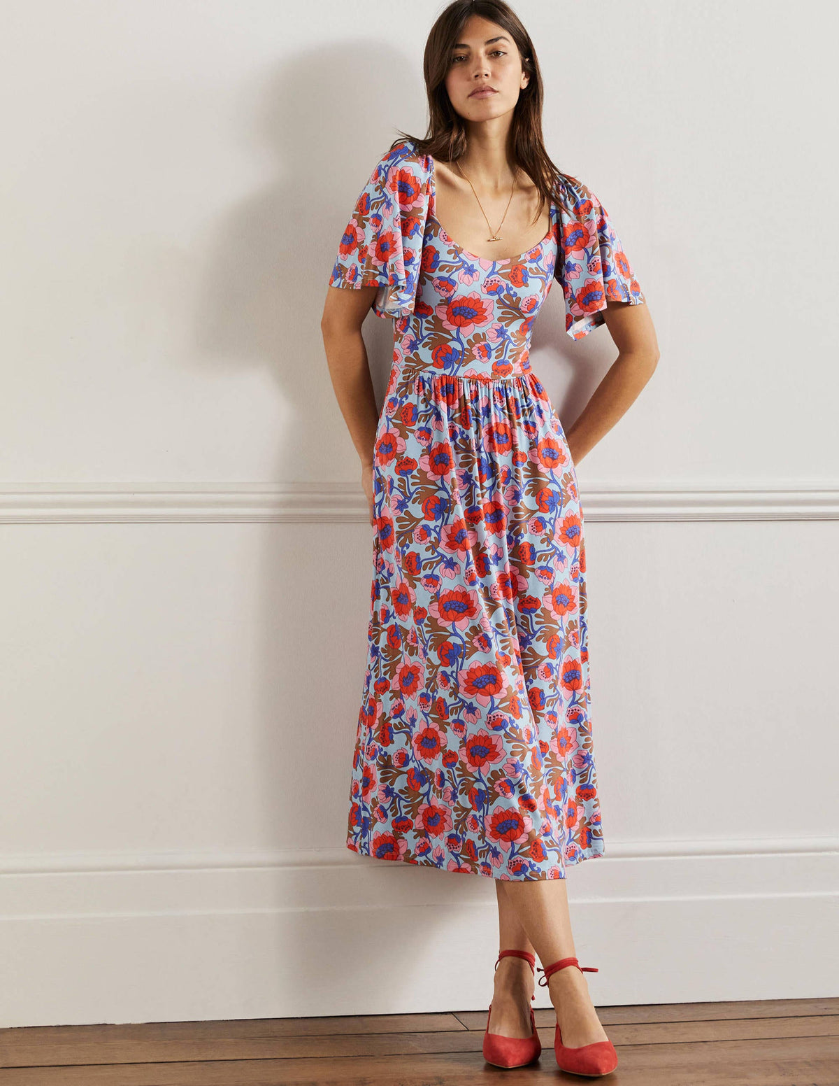 Jersey-Maxikleid mit Smokdetail-Graublau, Knospenmuster-1