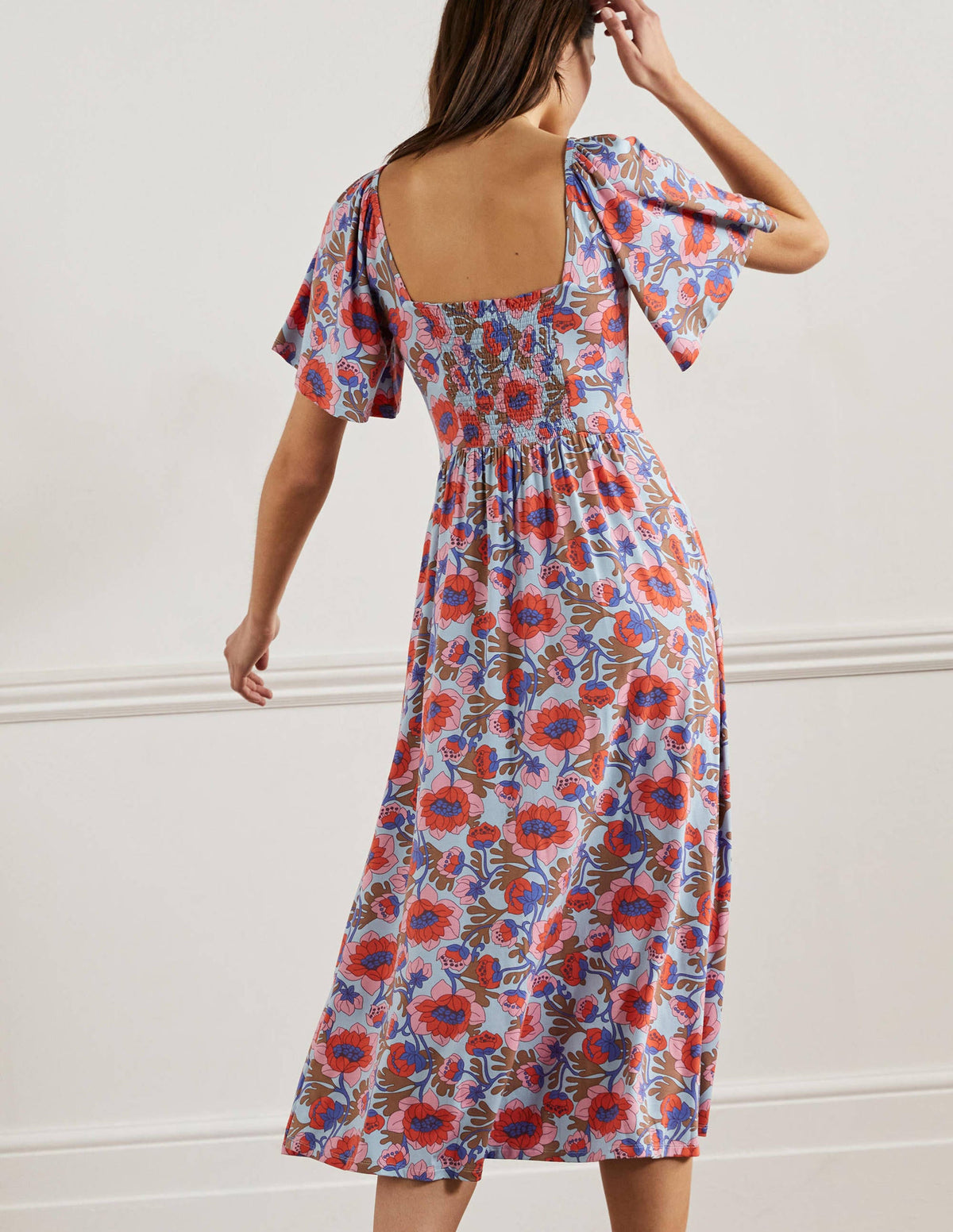 Jersey-Maxikleid mit Smokdetail-Graublau, Knospenmuster - Image 3