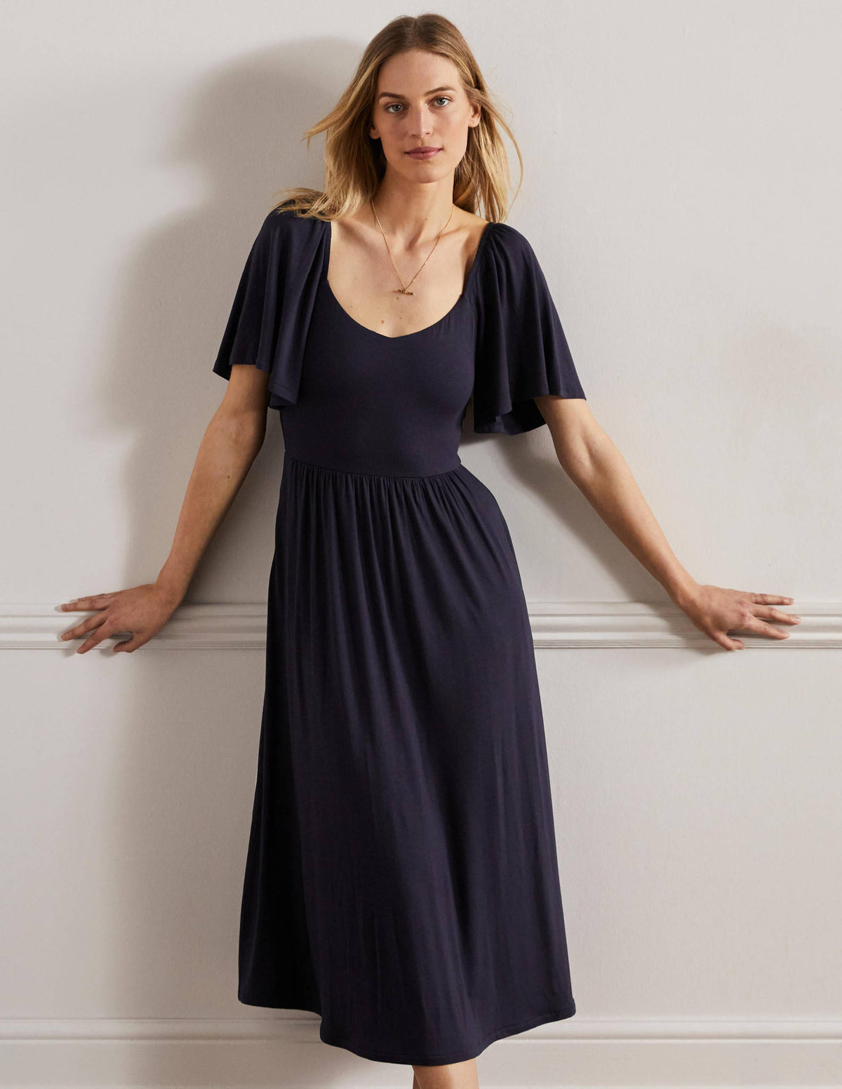 Jersey-Maxikleid mit Smokdetail-Marineblau - Image 1