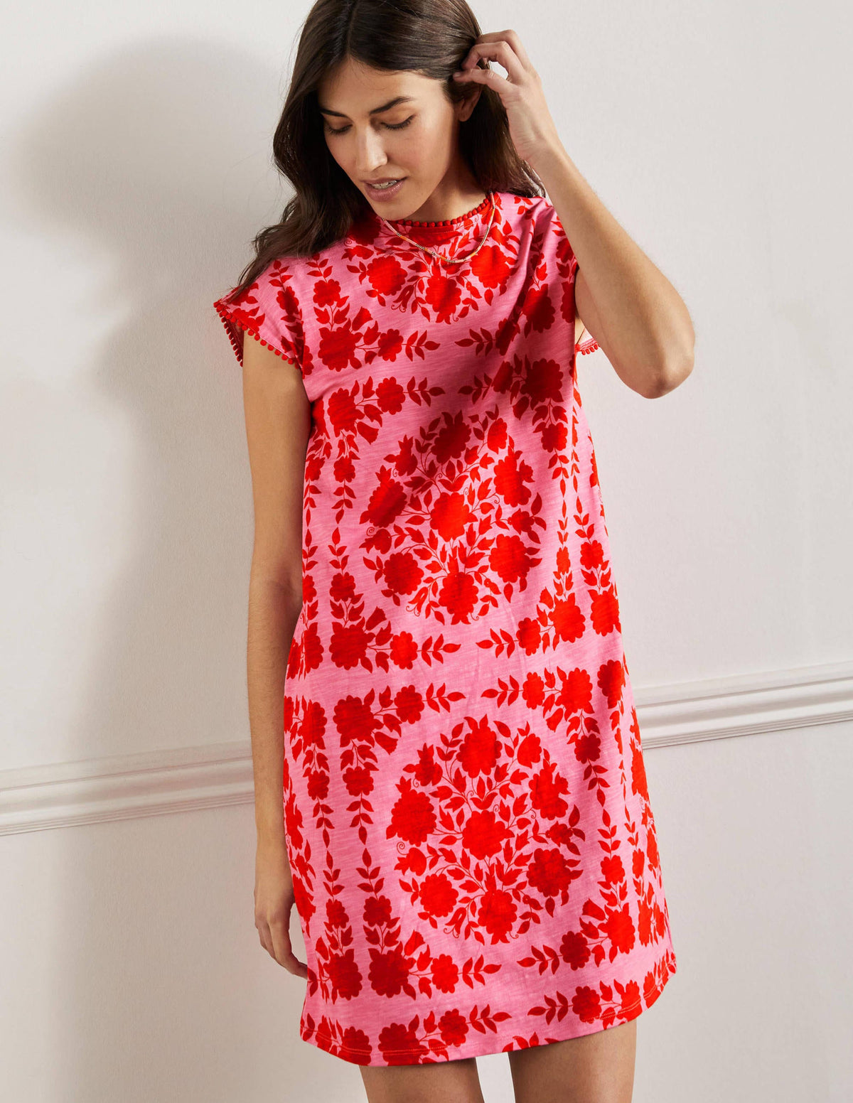 Trim Detail T-Shirt Dress-Posy Pink, Wildflower Prairie - Image 4