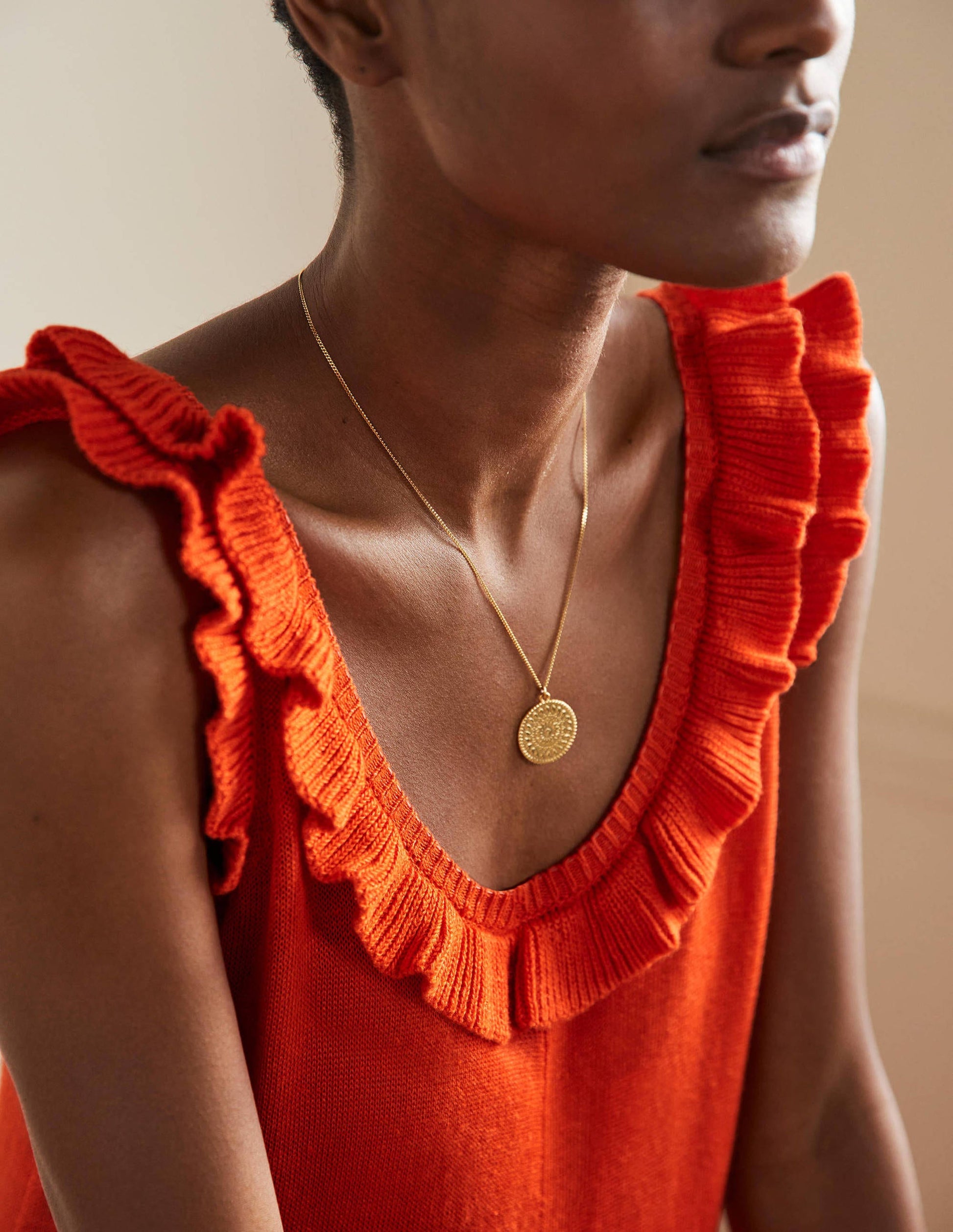 Robe midi en maille à col volanté-Papaye vif-6