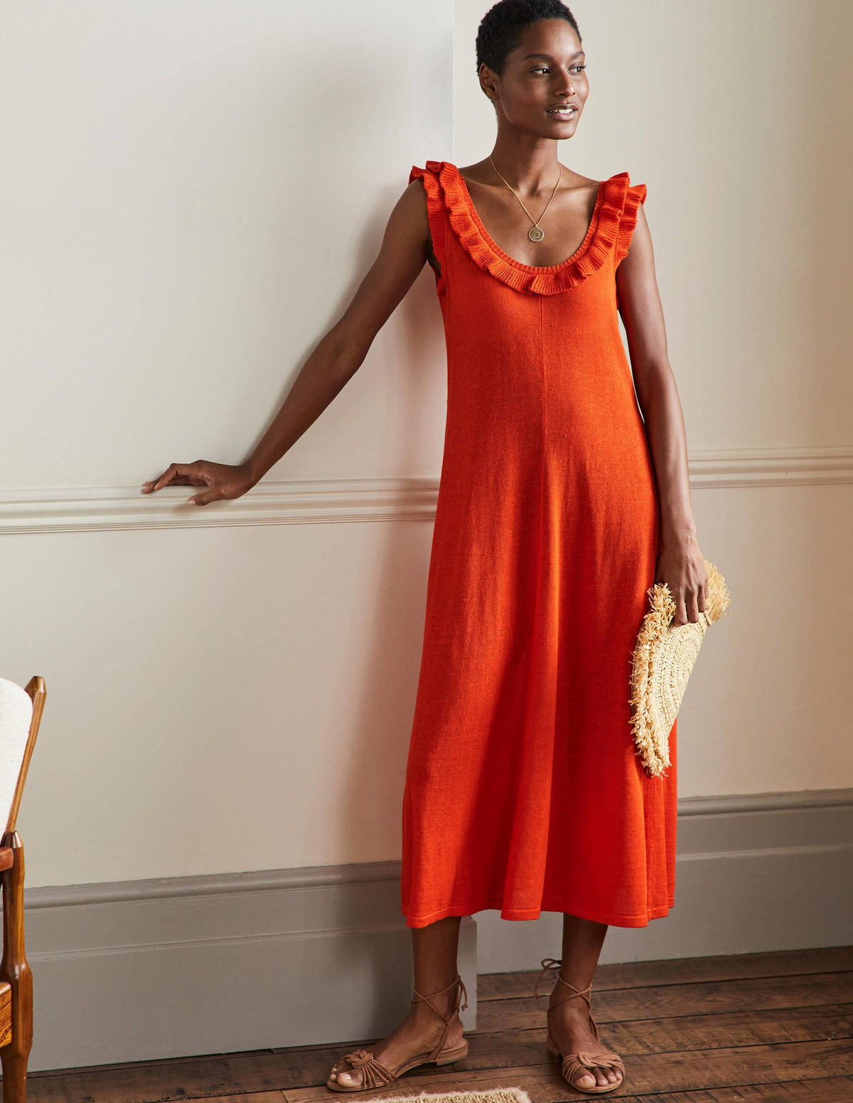 Robe midi en maille à col volanté-Papaye vif - Image 1
