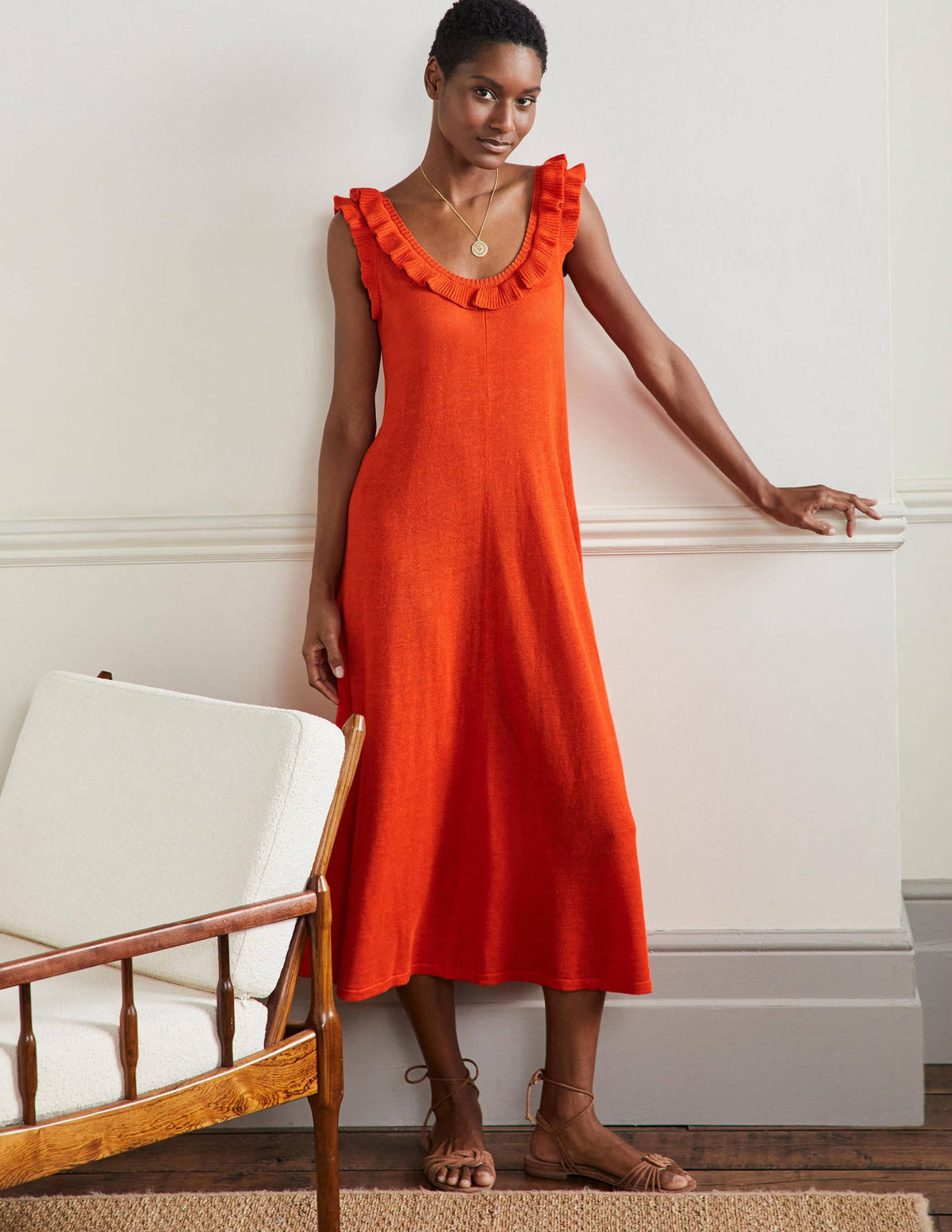 Robe midi en maille à col volanté-Papaye vif-4