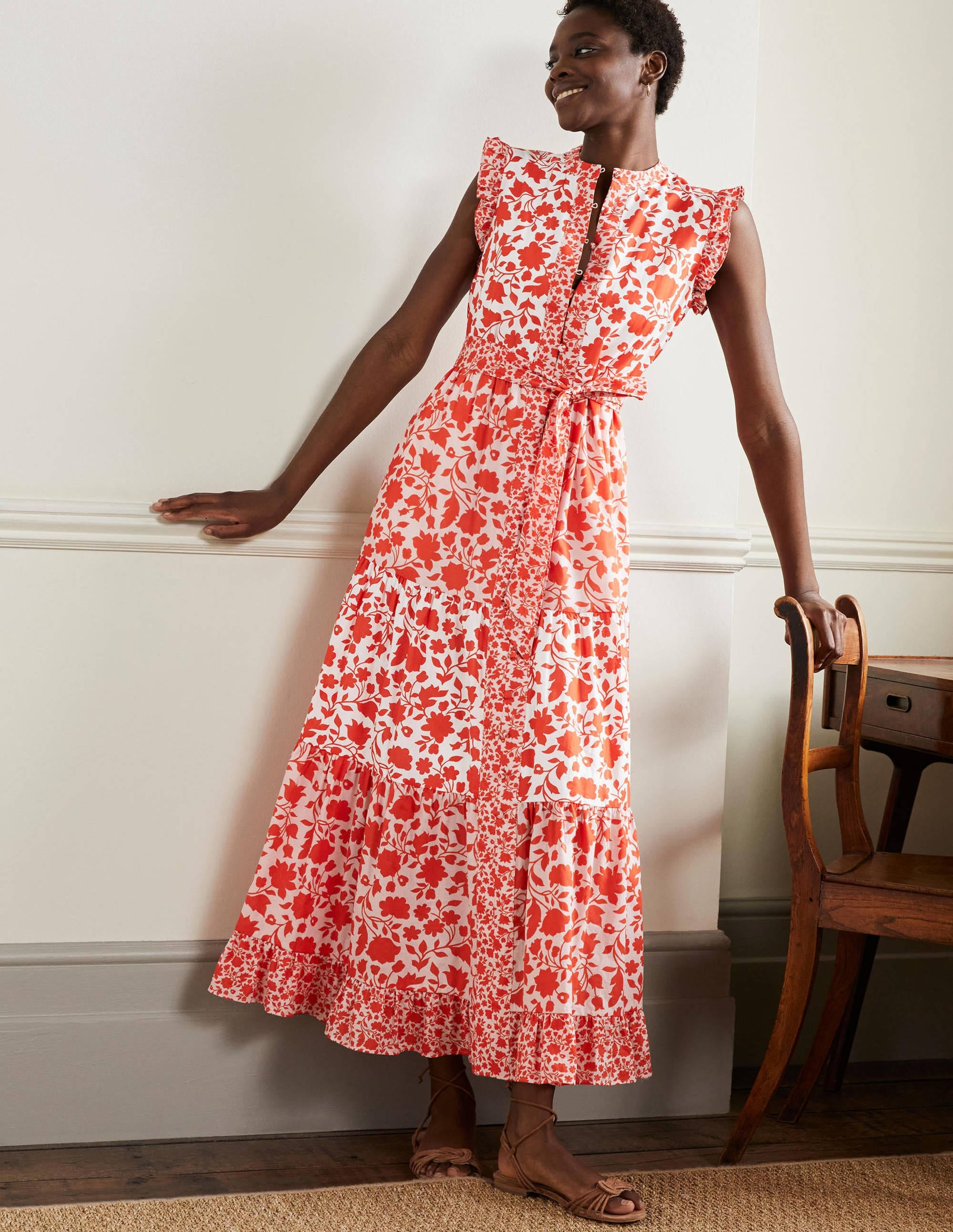 Gestuftes Maxikleid mit Rüschen-Papayaorange, Botanische Silhouette - Image 6