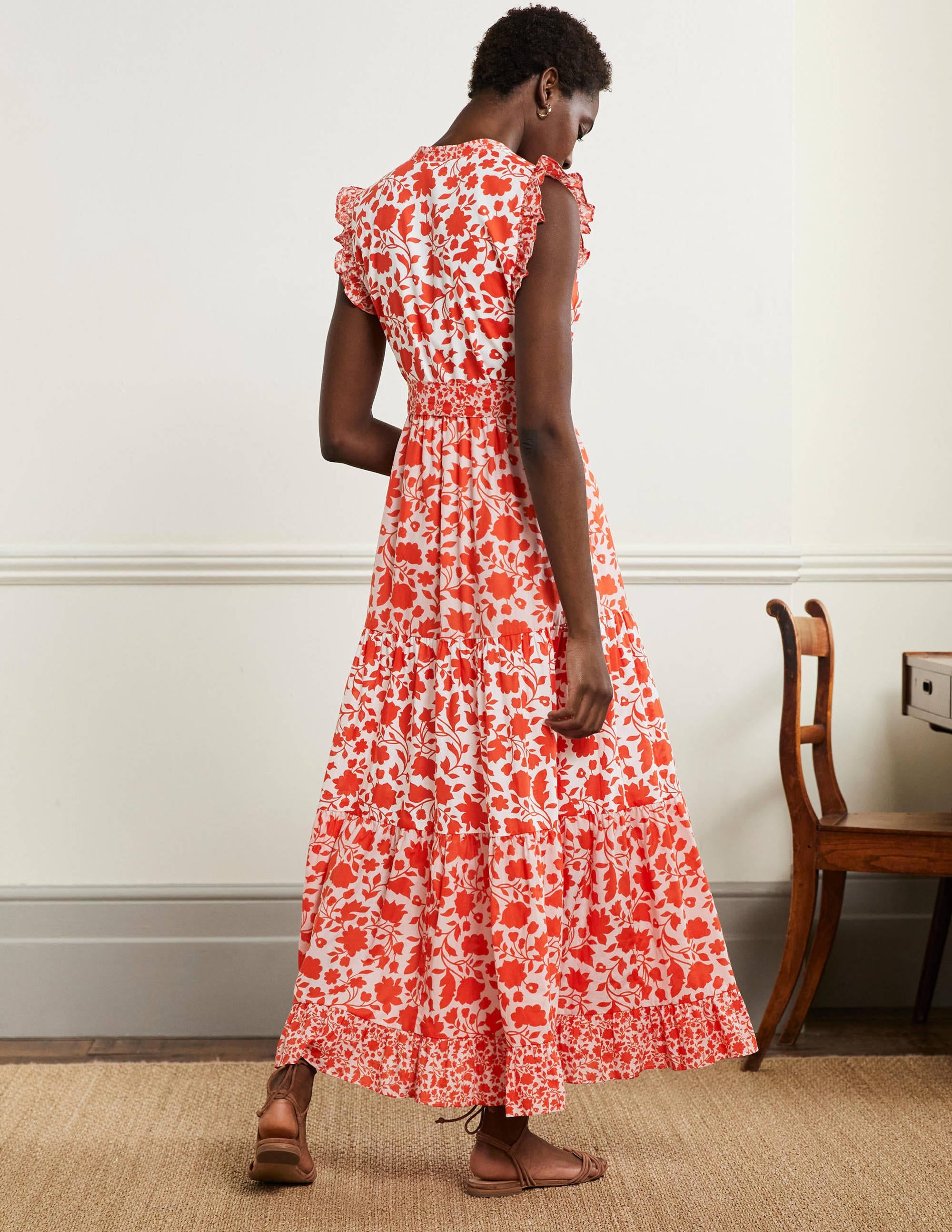 Gestuftes Maxikleid mit Rüschen-Papayaorange, Botanische Silhouette - Image 3