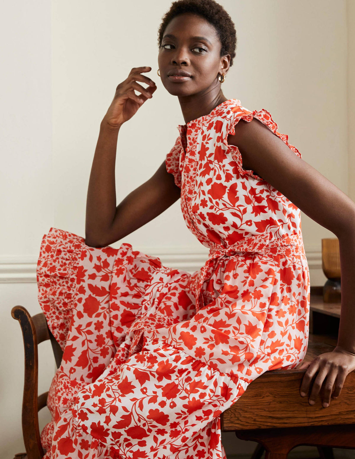 Gestuftes Maxikleid mit Rüschen-Papayaorange, Botanische Silhouette - Image 4