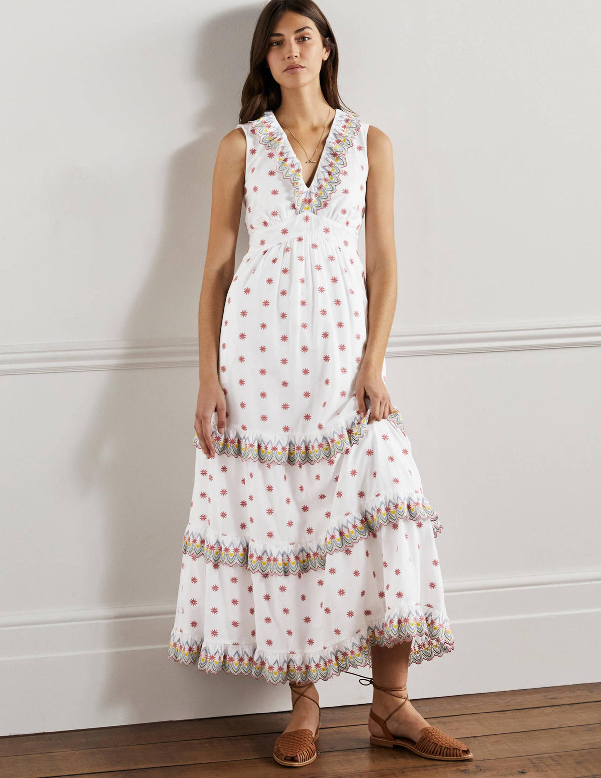Robe longue à volants et broderie anglaise-Blanc-1