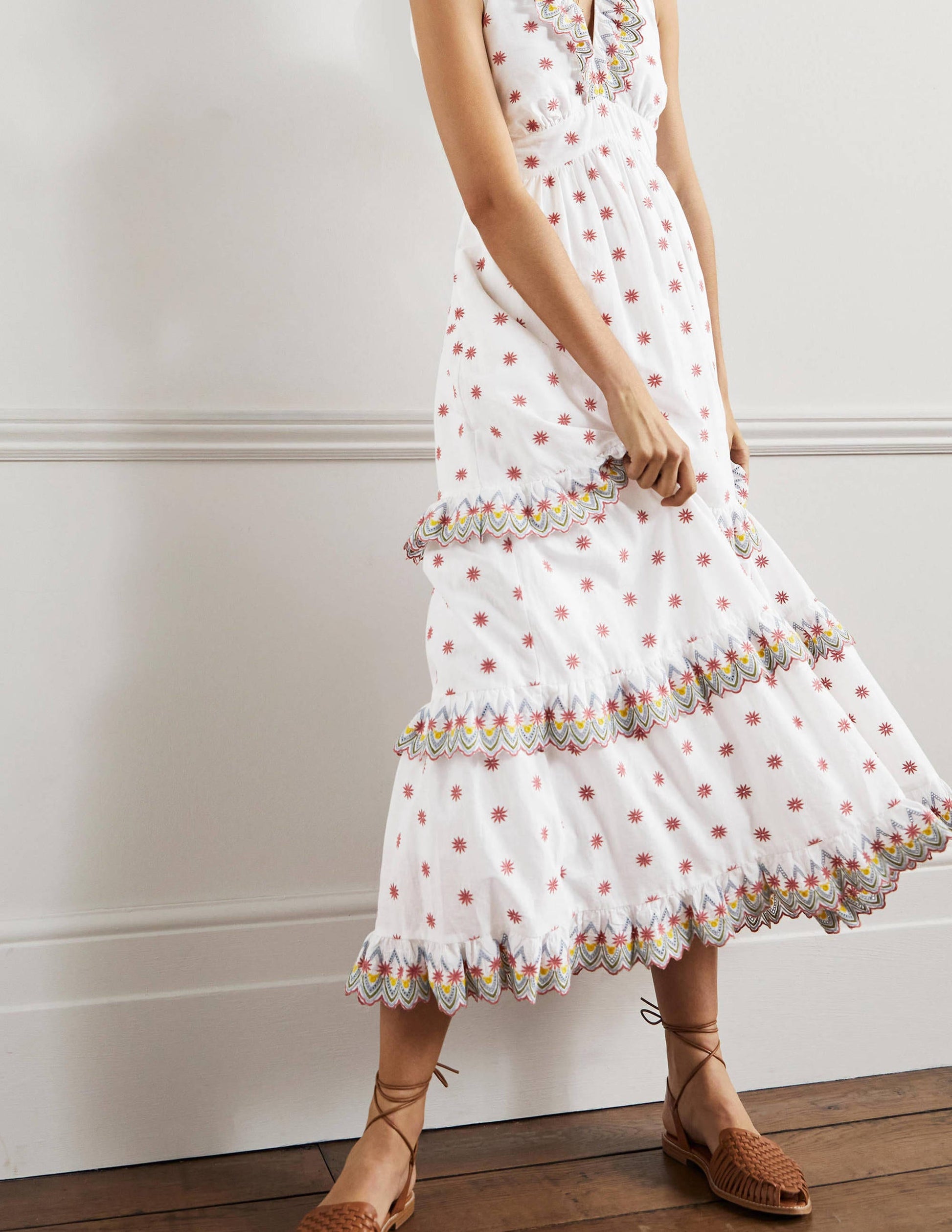 Robe longue à volants et broderie anglaise-Blanc-4