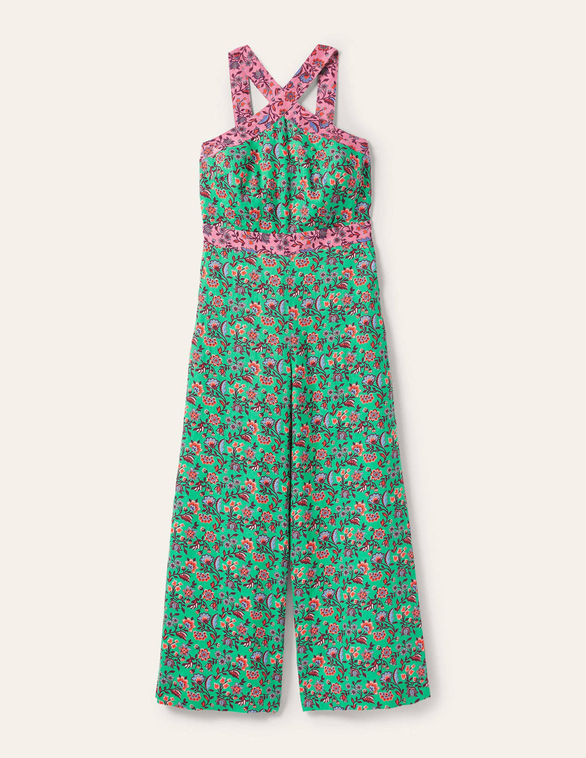 Cross Over Linen Jumpsuit-Green Lagoon, Oriental Meadow-6