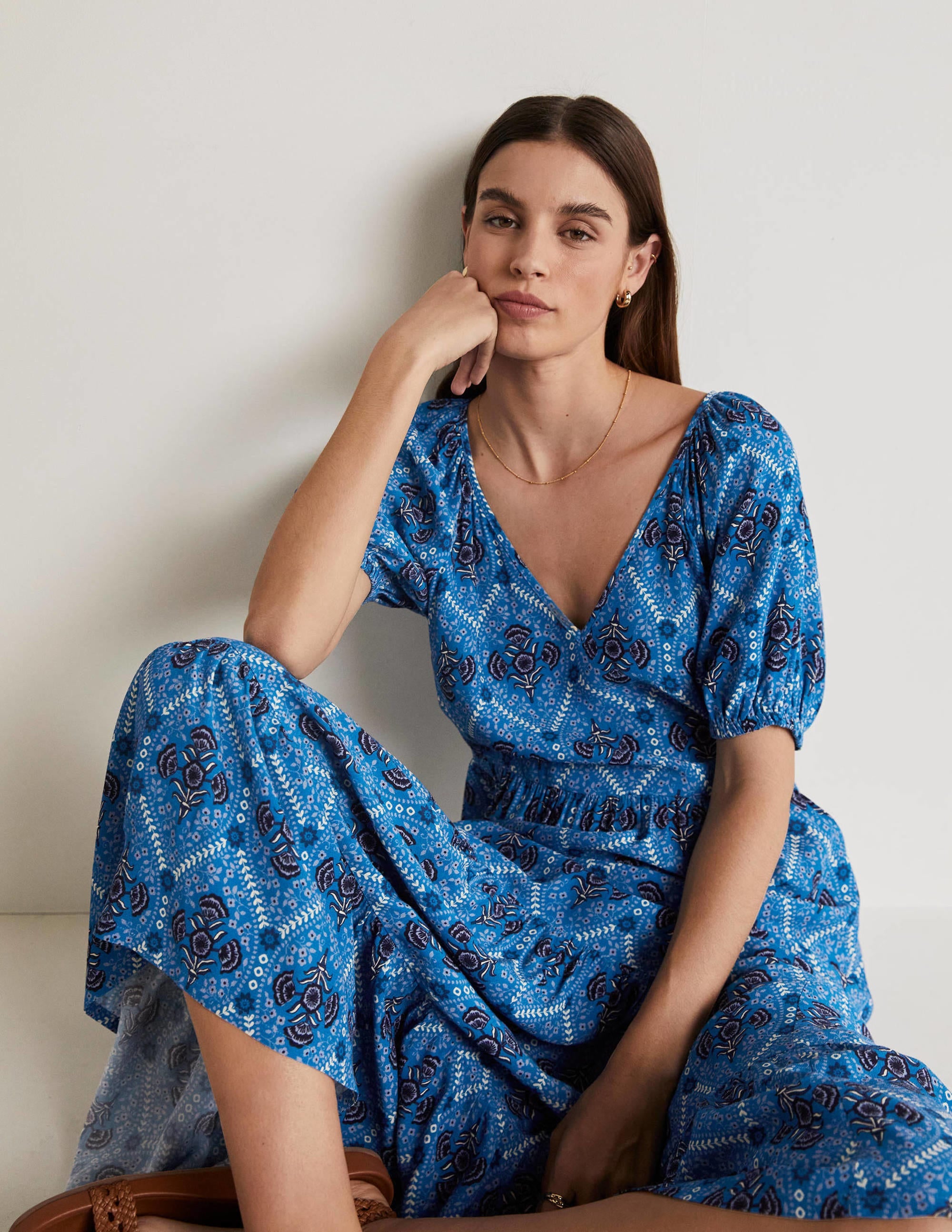 V-Neck Midi Dress-Mosaic Blue, Poppy Bloom - Image 4