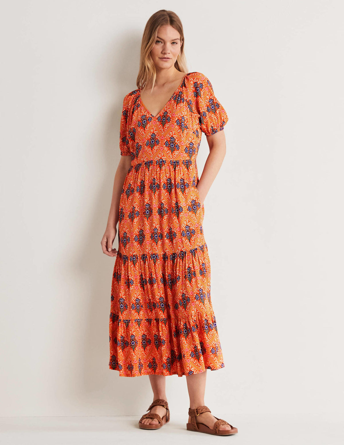 Robe midi col V-Pétard, motif Poppy Bloom-1
