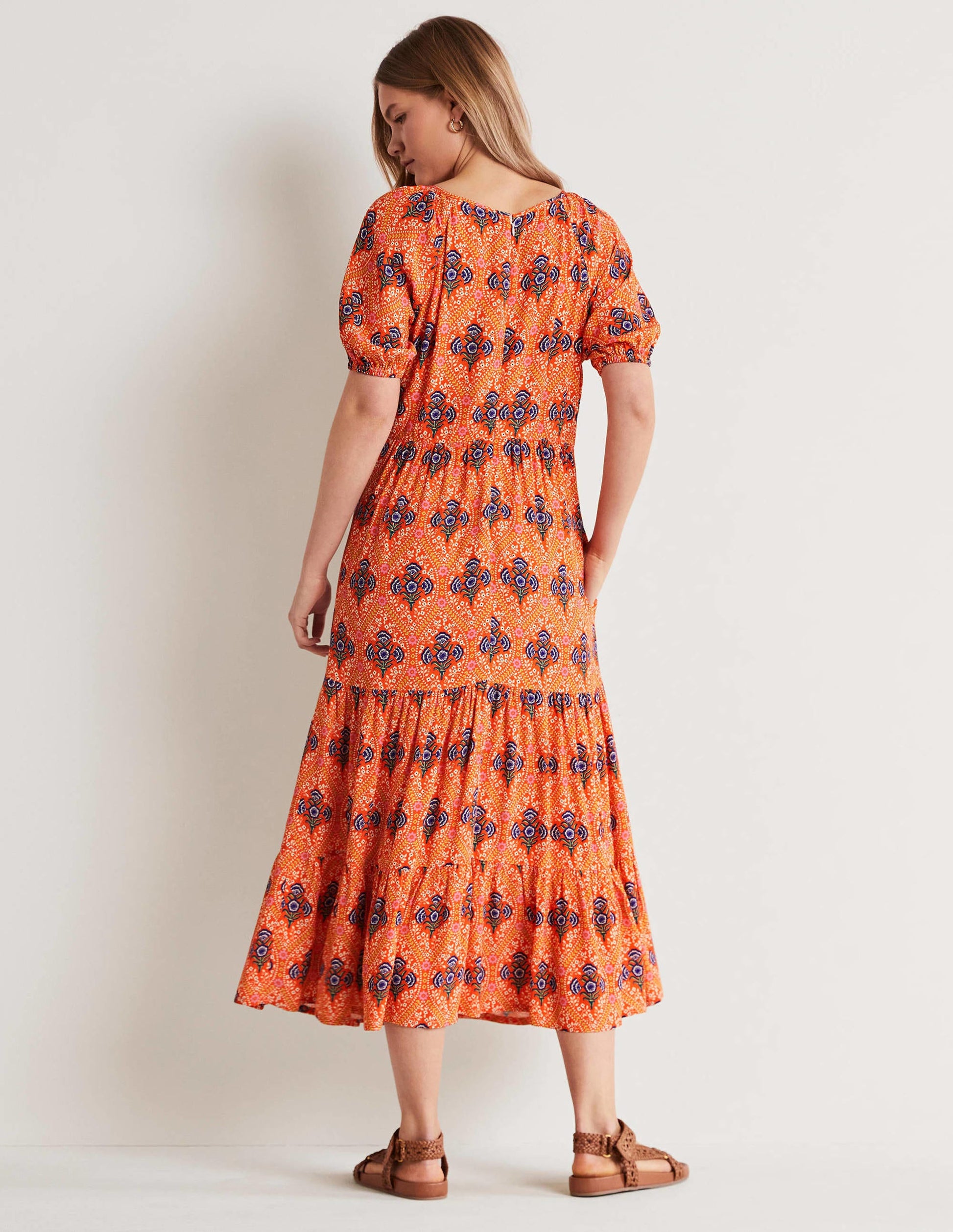 Robe midi col V-Pétard, motif Poppy Bloom-3
