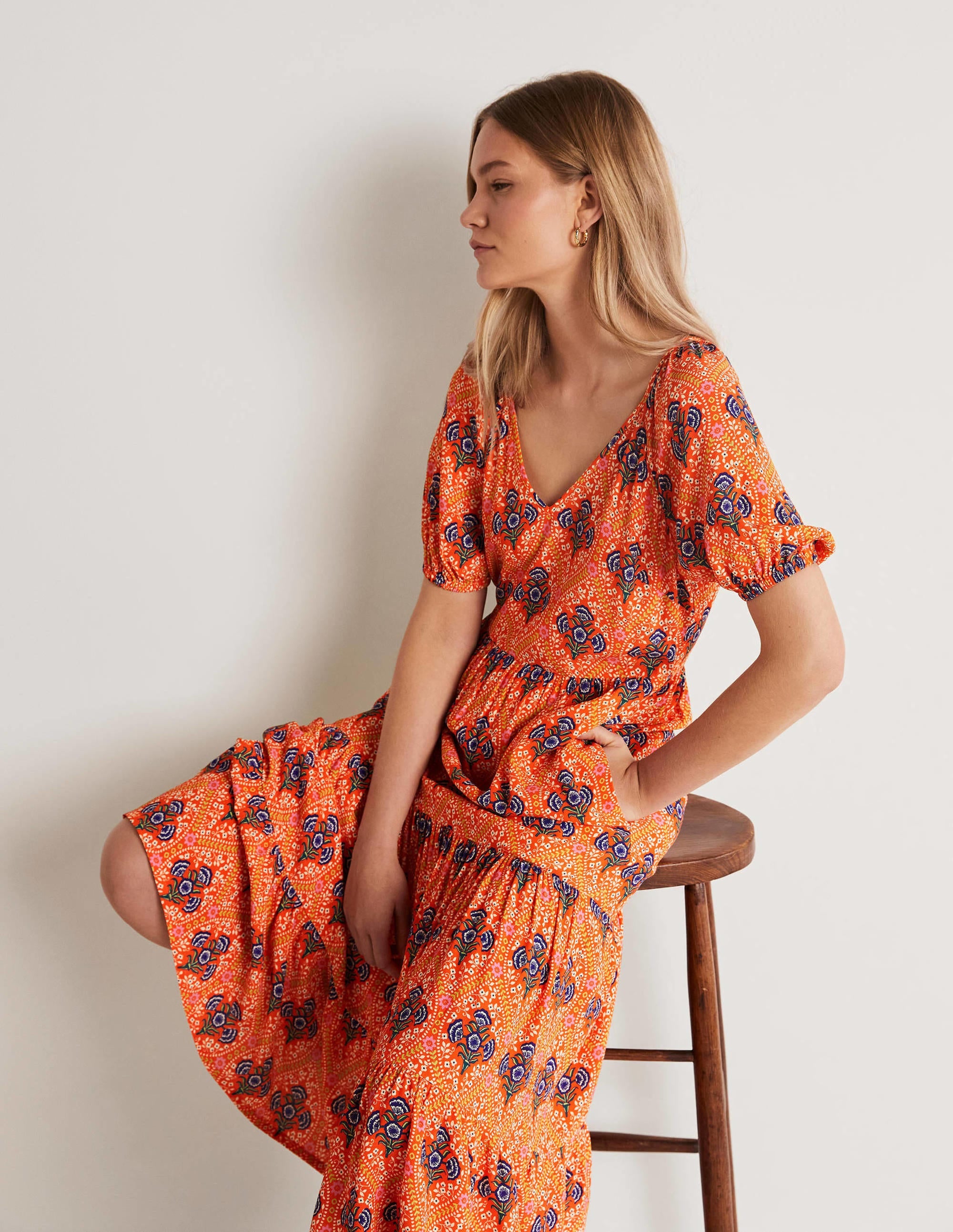 Robe midi col V-Pétard, motif Poppy Bloom - Image 4