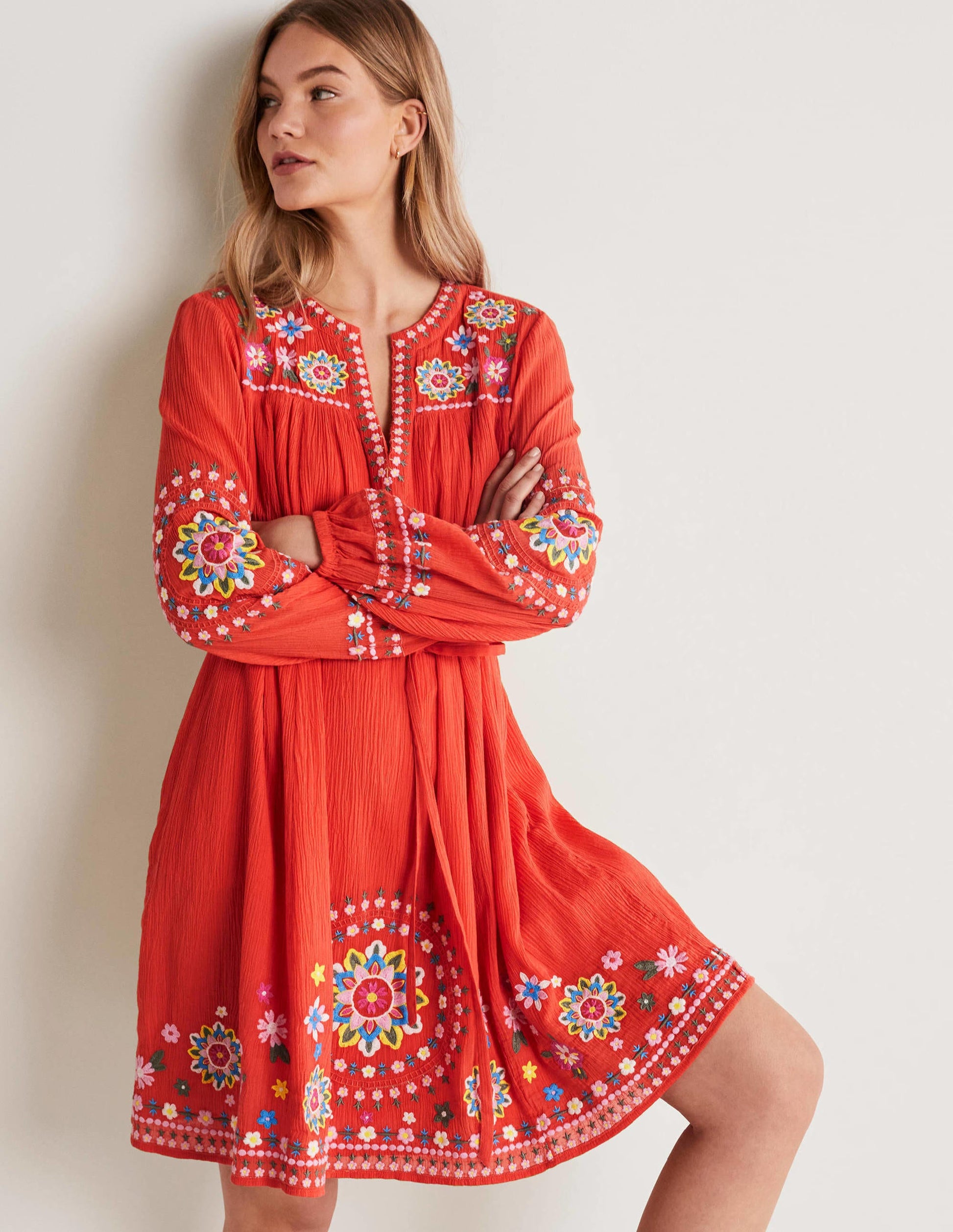 Baumwollkleid mit Stickerei-Kräftiges Papayaorange-1
