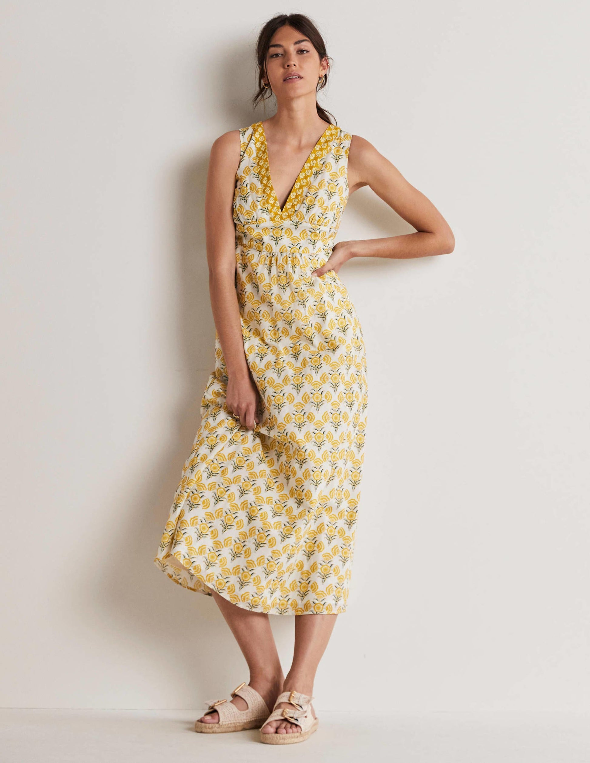 Ärmelloses Maxikleid aus Baumwolle-Naturweiß, Geometrisches Blumenmuster-1