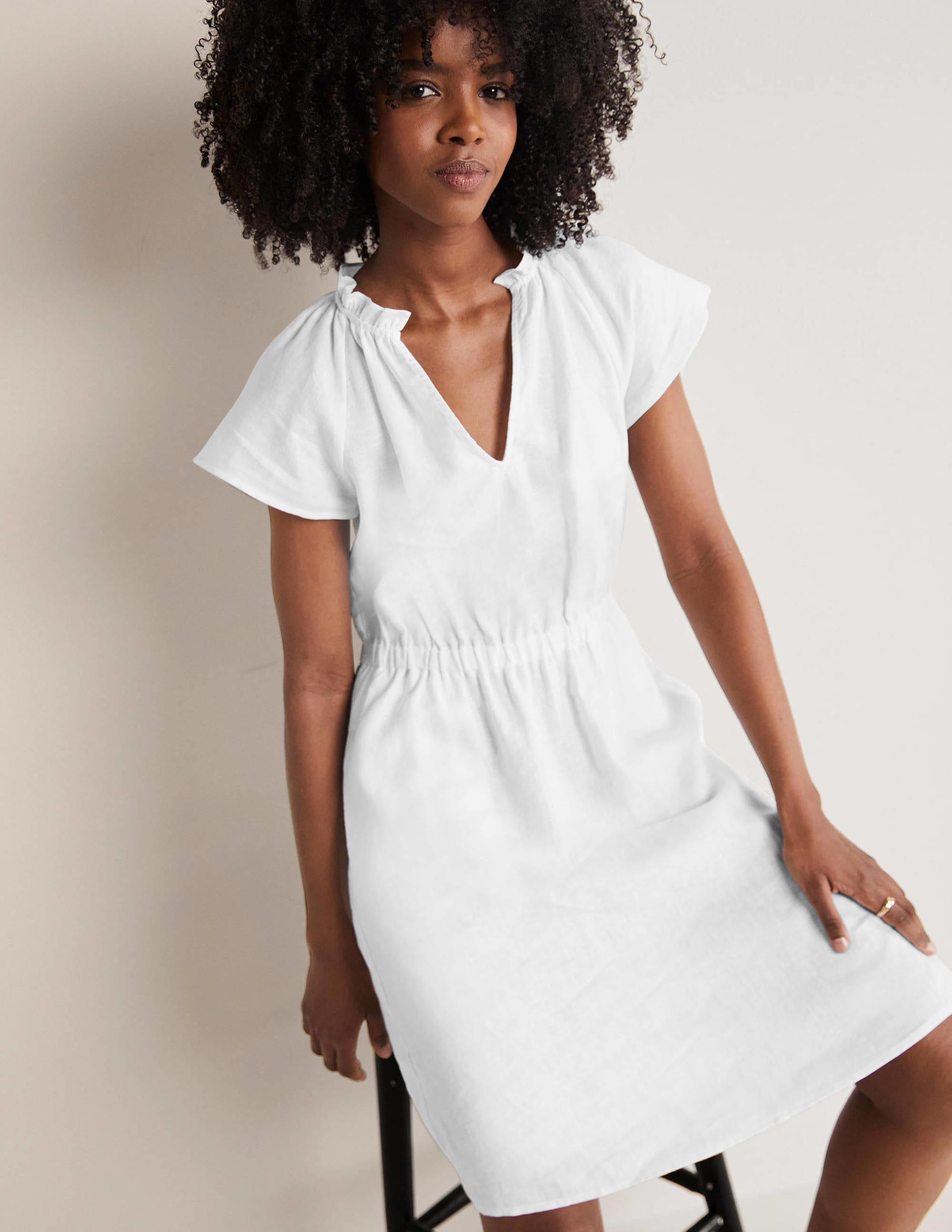 Kurzärmeliges Leinenkleid-Weiß - Image 1