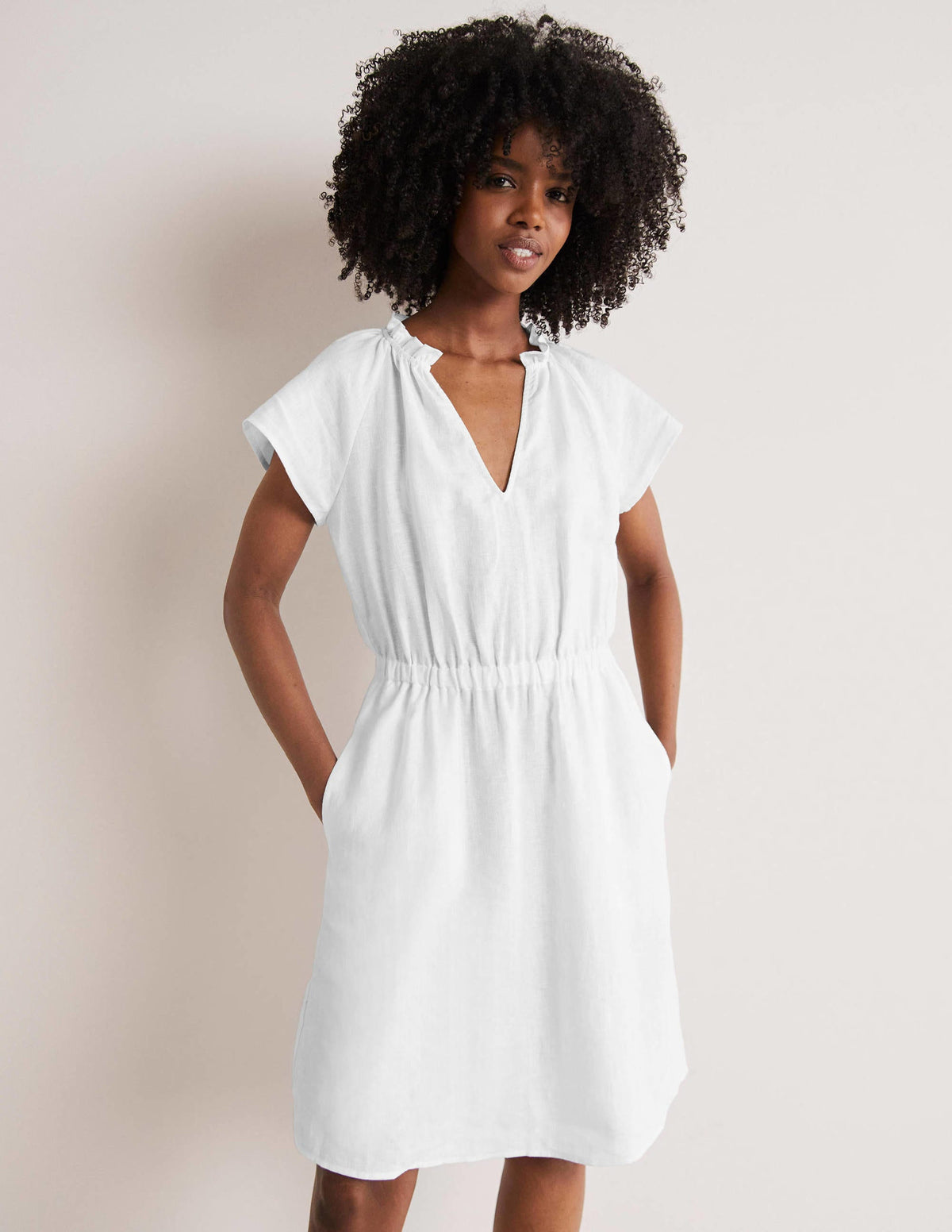 Kurzärmeliges Leinenkleid-Weiß - Image 5