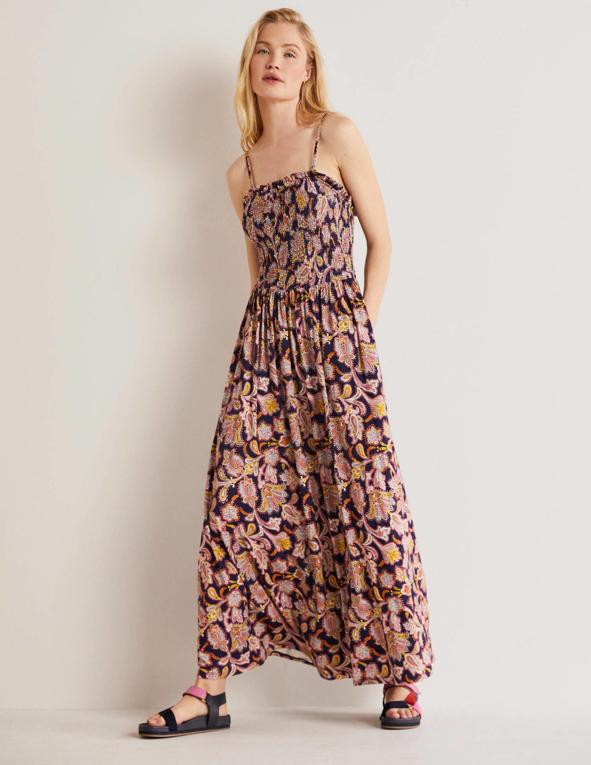 Trägerloses Maxikleid aus Jersey-Französisches Navy, Paisley-Knospen-1