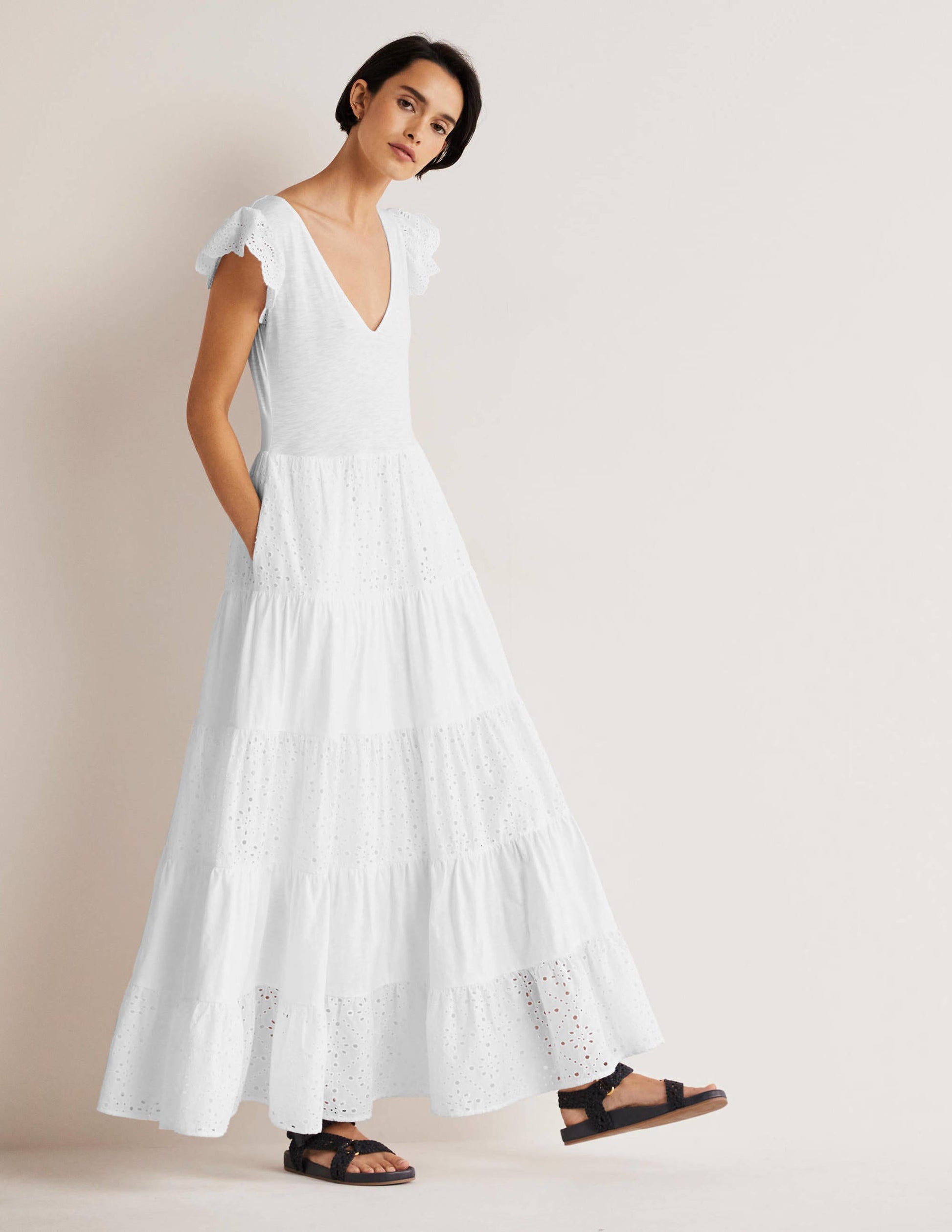 Maxikleid aus Jersey mit Lochstickereimix-Weiß-1