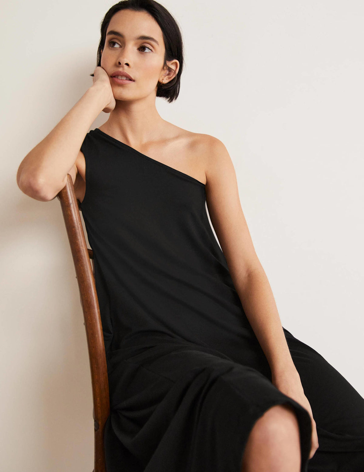 One Shoulder Jersey Midi Dress-Black-2