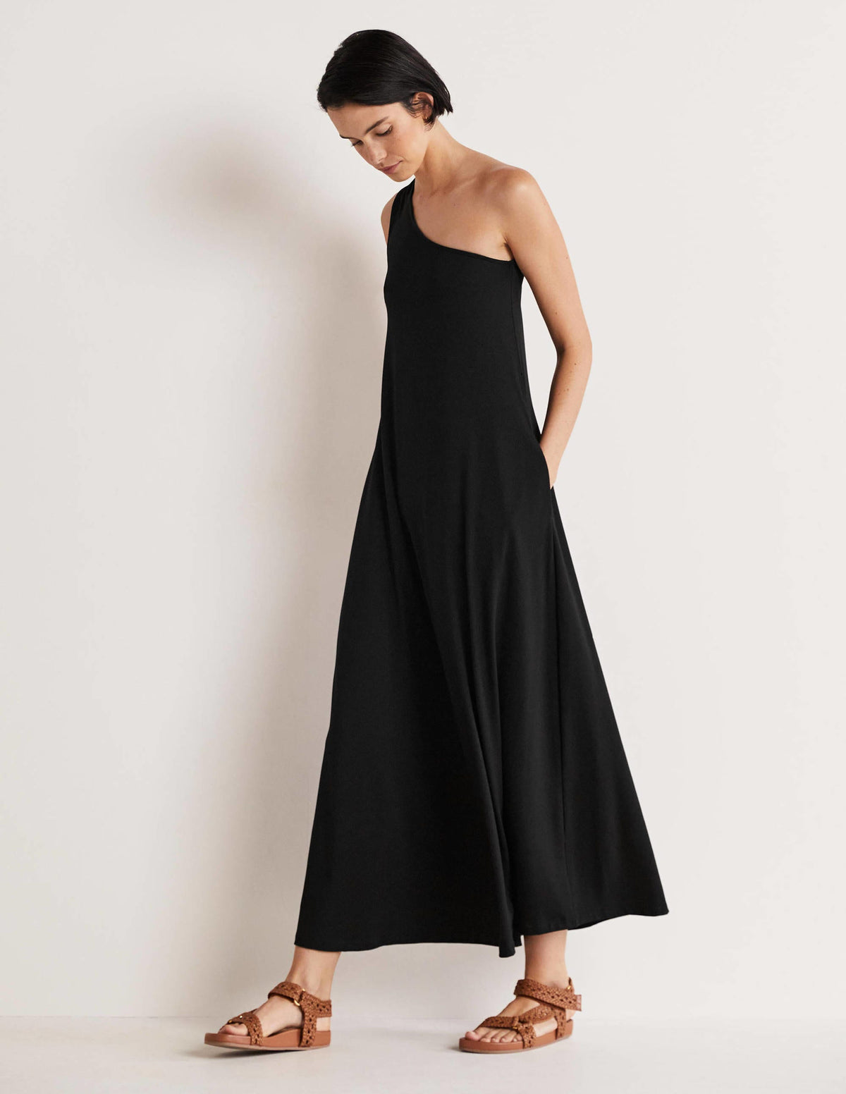 One Shoulder Jersey Midi Dress-Black - Image 4