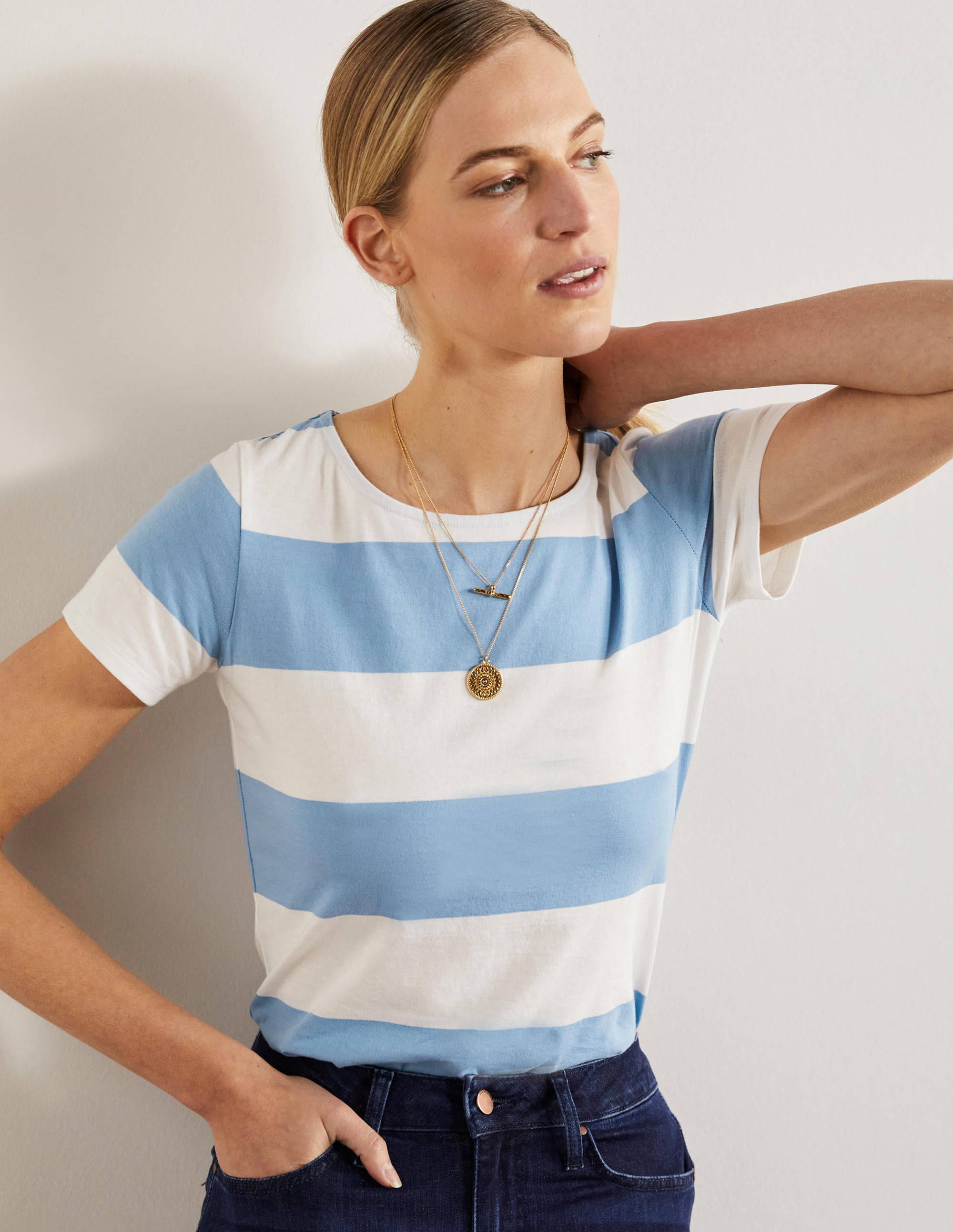 Short Sleeve Breton T-Shirt-Dusty Blue / Ivory Stripe - Image 1