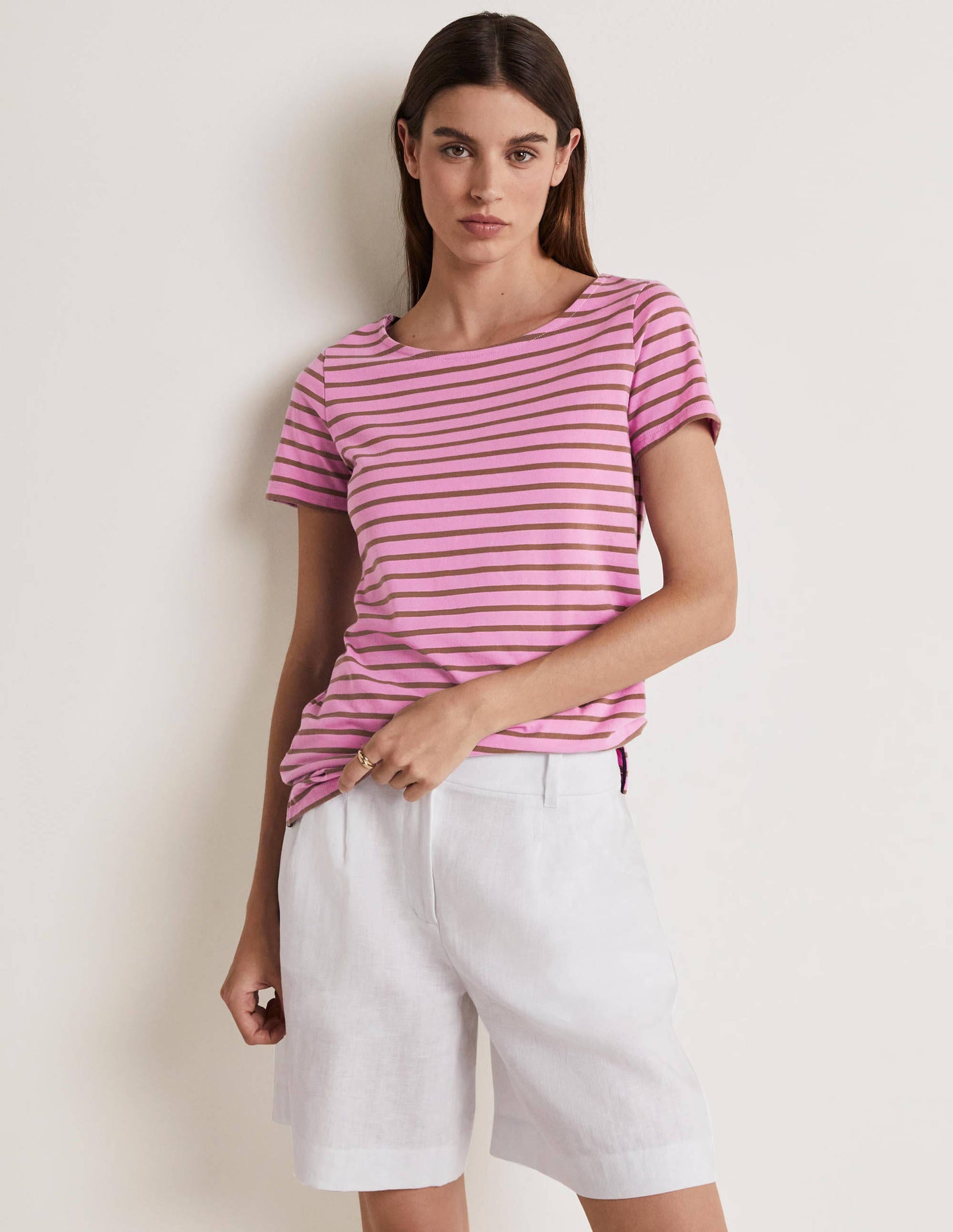 Kurzärmliges Bretonshirt-Violett/Eichelbraun, Gestreift-1