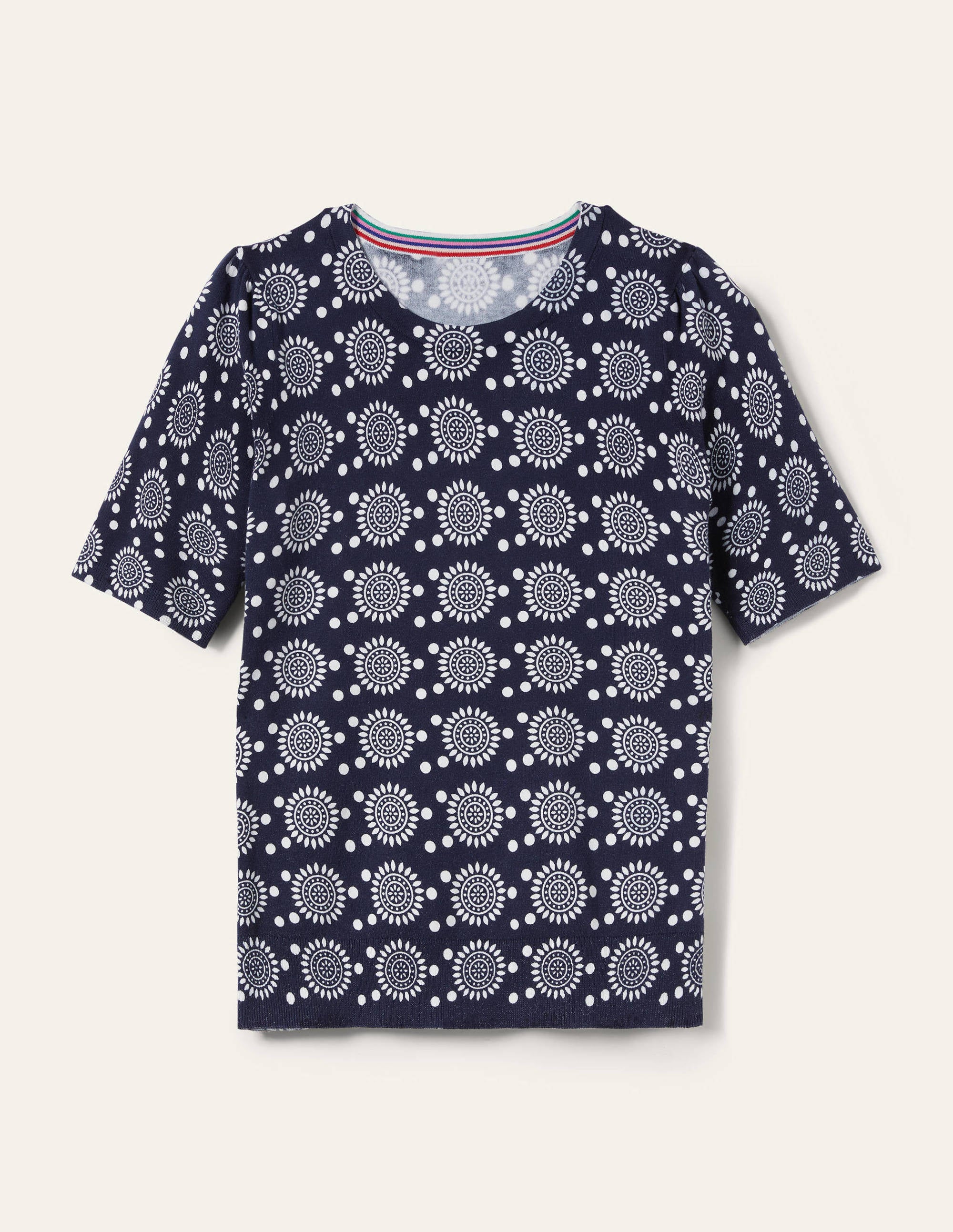 Top col rond en maille de coton-Bleu marine foncé, soleil géométrique - Image 6