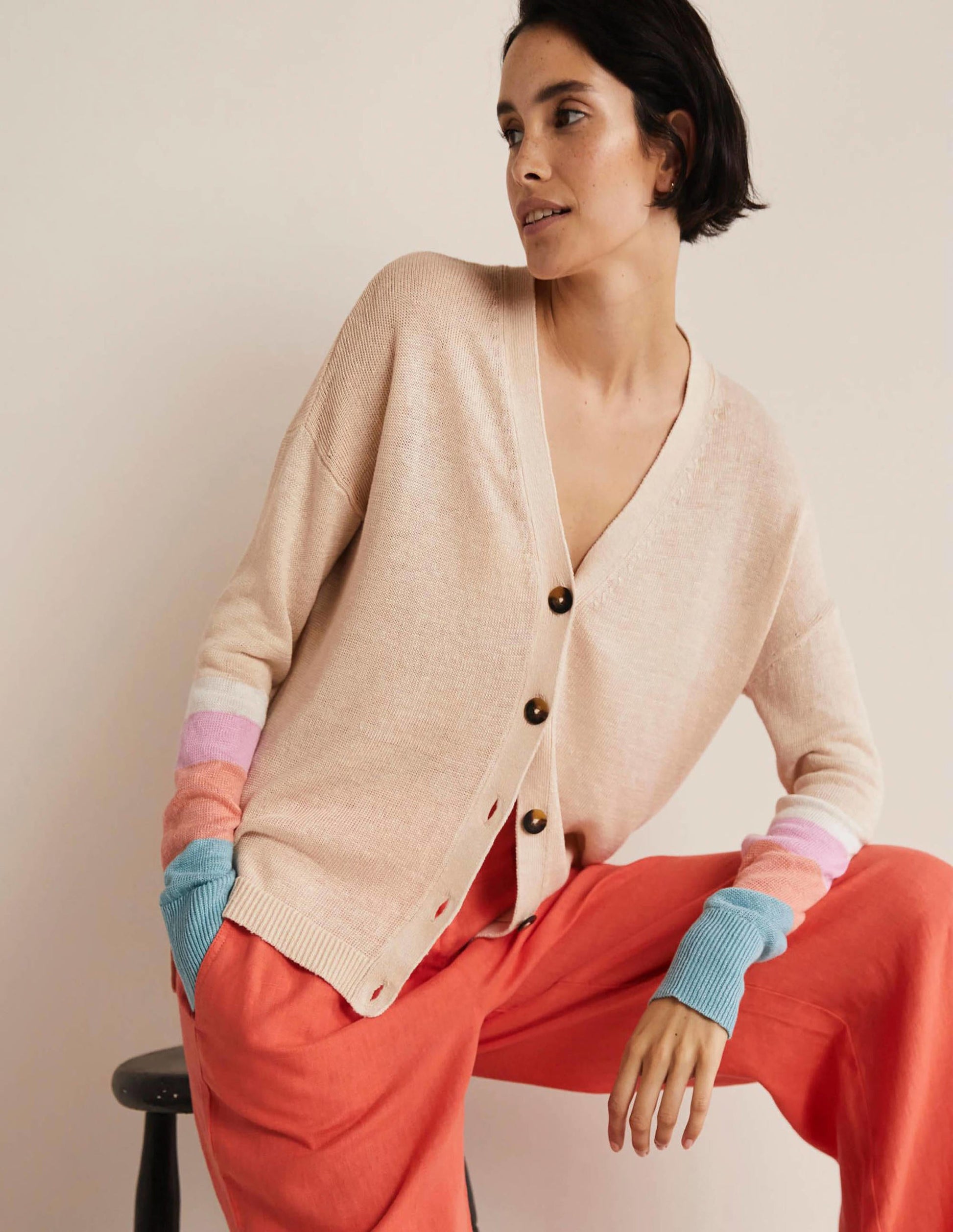Leinen-Cardigan mit Blockfarben-Helles Korallenrot/Bonbonrosa-1