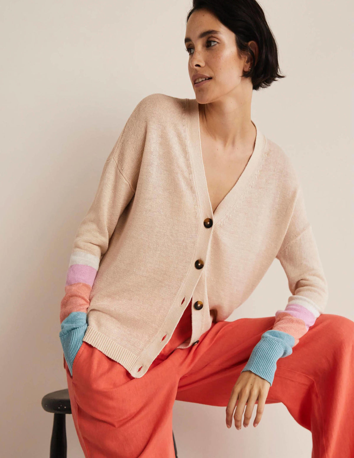Leinen-Cardigan mit Blockfarben-Helles Korallenrot/Bonbonrosa - Image 1